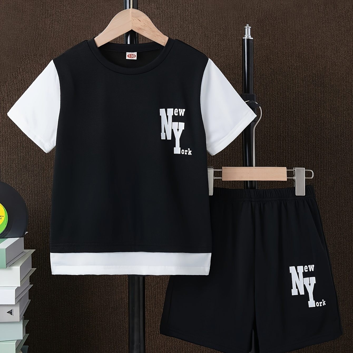 

2pcs Boys Casual Fake 2 Pieces Ny Letter Graphic Print Short Sleeve T-shirt & Shorts Set, Comfy Summer Boys Clothes
