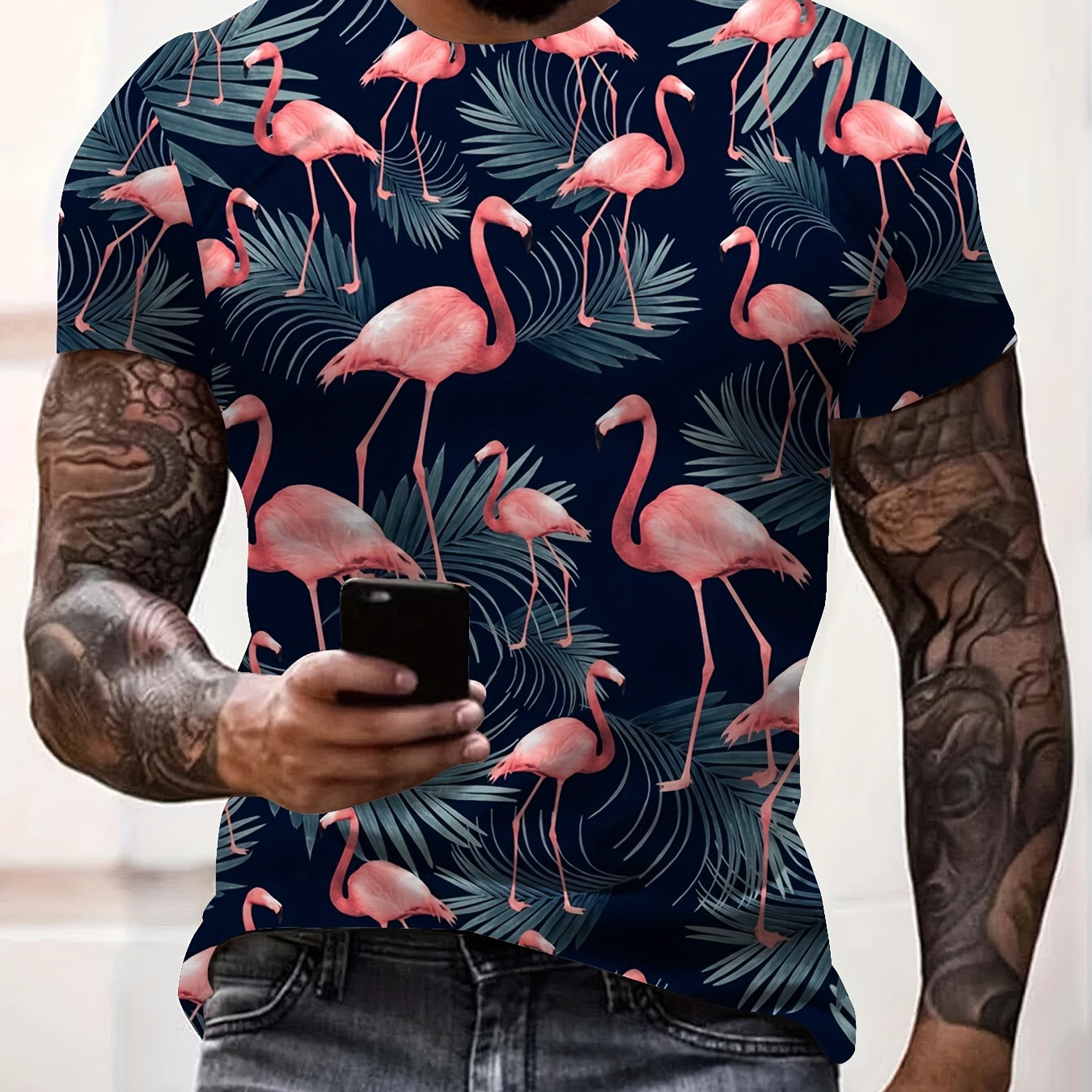 

Tropical Leaves And Flamingo 3d Graphic Print Men's Novelty Short Sleeve Crew Neck T-shirt, Summer Vacation