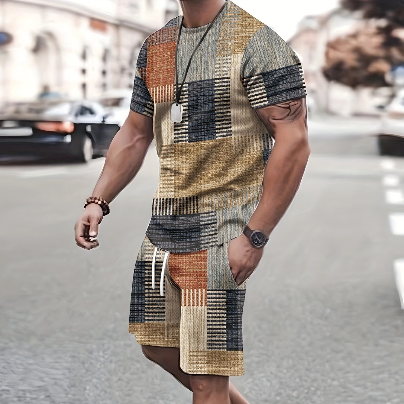 

Retro Color Block 2pcs Trendy Outfits For Men, Casual Crew Neck Short Sleeve T-shirt And Shorts Set For Summer, Men's Clothing Vacation Workout