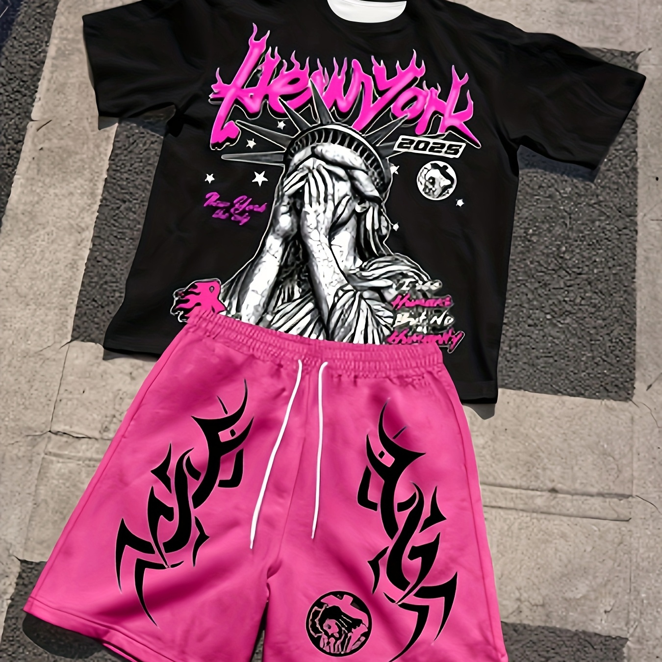 TEMU Men'-piece Set Featuring A New Graphic Print T-shirt And Shorts, Perfect For Casual Summer Streetwear. It Includes A White Statue Of T-shirt And Orange Drawstring Shorts