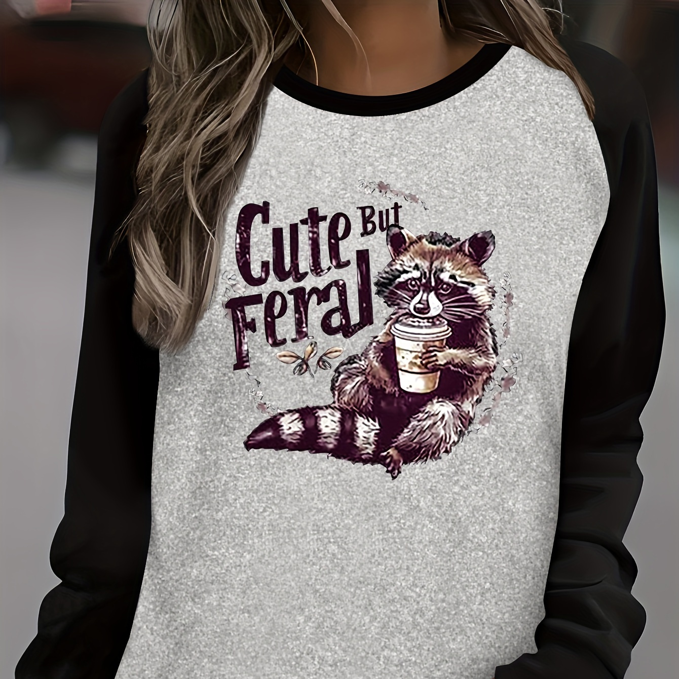 

Casual Crew Neck Long Sleeve T-shirt With 'cute But Feral' Raccoon Applique, Geometric-pattern Polyester Knit Fabric - 95% Polyester, 5% Spandex