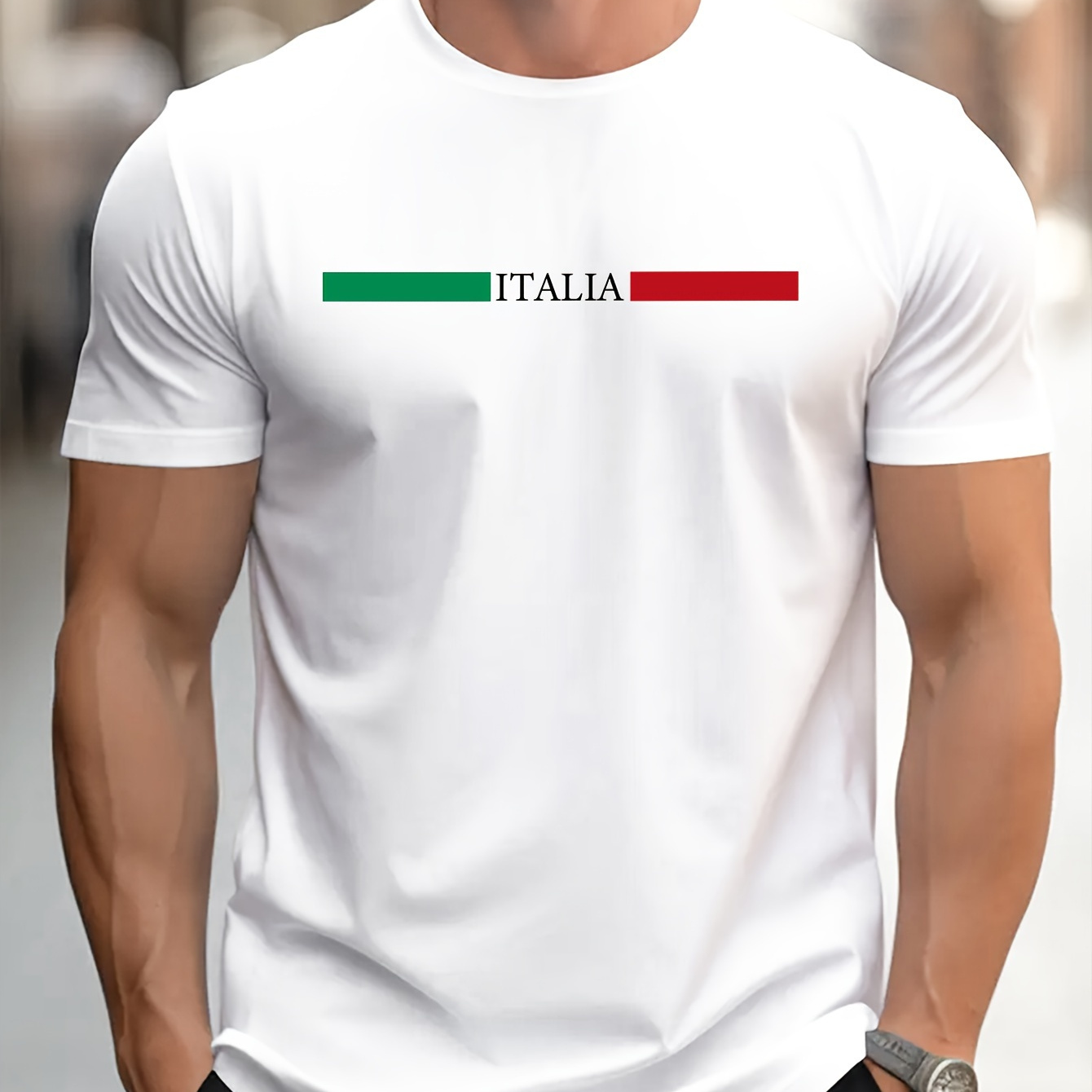 

Men's Casual Crew Neck Graphic T-shirt With Stylish "italia" Print, Trendy Printed Short Sleeve Top For Summer Daily Wear