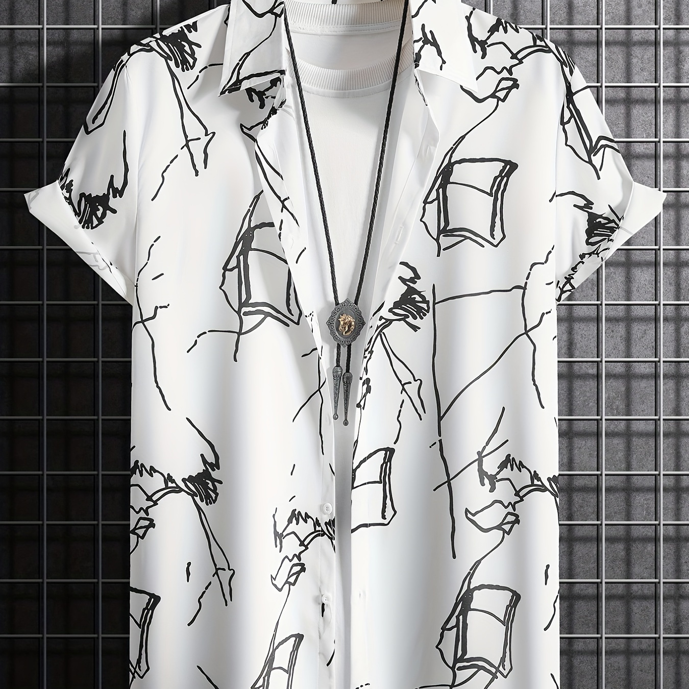 Random Sketch Pattern Casual Short Sleeve Shirt, Men's Hawaiian Shirt For Summer Vacation Resort