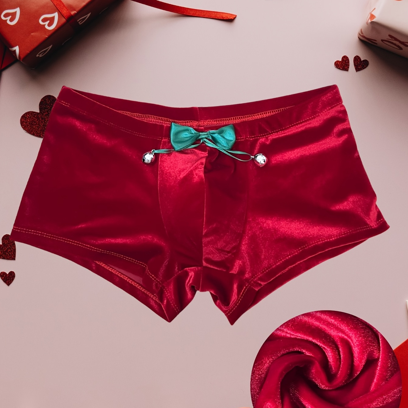 

1pc Velvet Men's Hipster Underwear With Bowknot Bell Detail, Comfortable Knit Fabric, Medium Stretch, Solid Color, Polyester 95% Spandex 5%, Daily & Casual Wear, Valentine's Day Gift