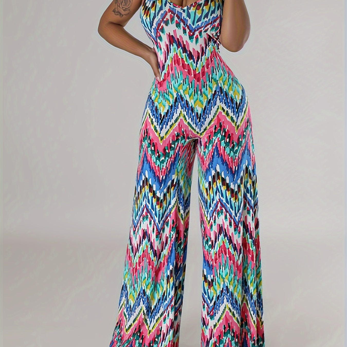 

Allover Print Tie Back Cami Jumpsuit, Casual Backless Sleeveless Jumpsuit For Spring & Summer, Women's Clothing