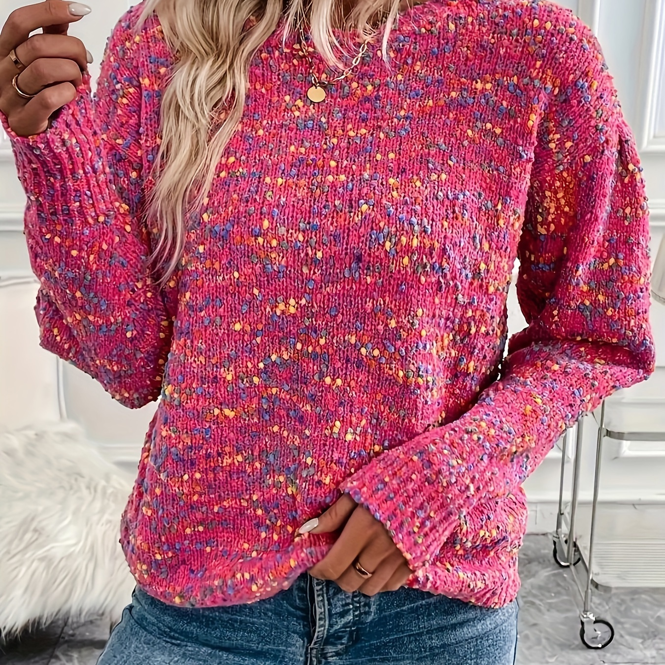 

Plus-size Women's Vibrant Pink Polka Dot Sweater - Casual Retro Drop Shoulder Long Sleeve, Round Neck, Acrylic Knit Pullover For Fall/winter, Machine Washable, Plus Size Sweaters