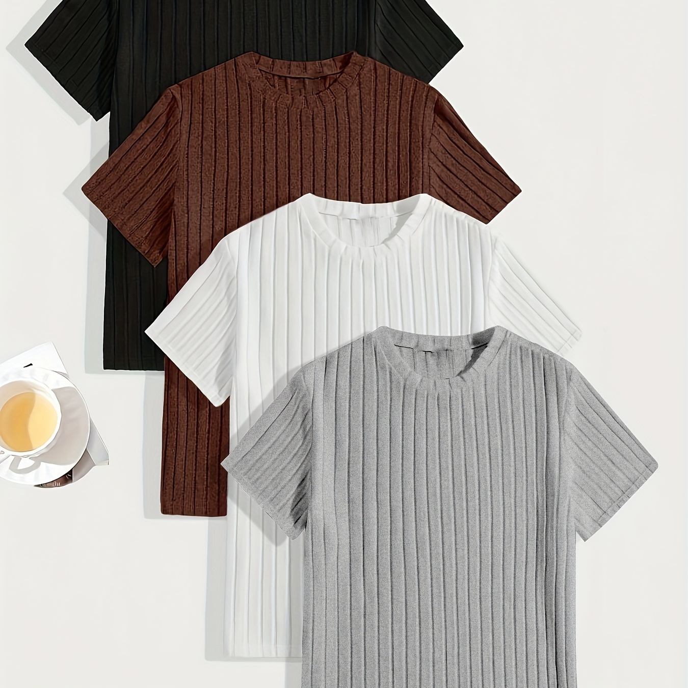 

4pcs Men's Casual Ribbed Knit T-shirts, Solid Color Crew Neck Short Sleeve Tops, Stretch Polyester , Machine Washable