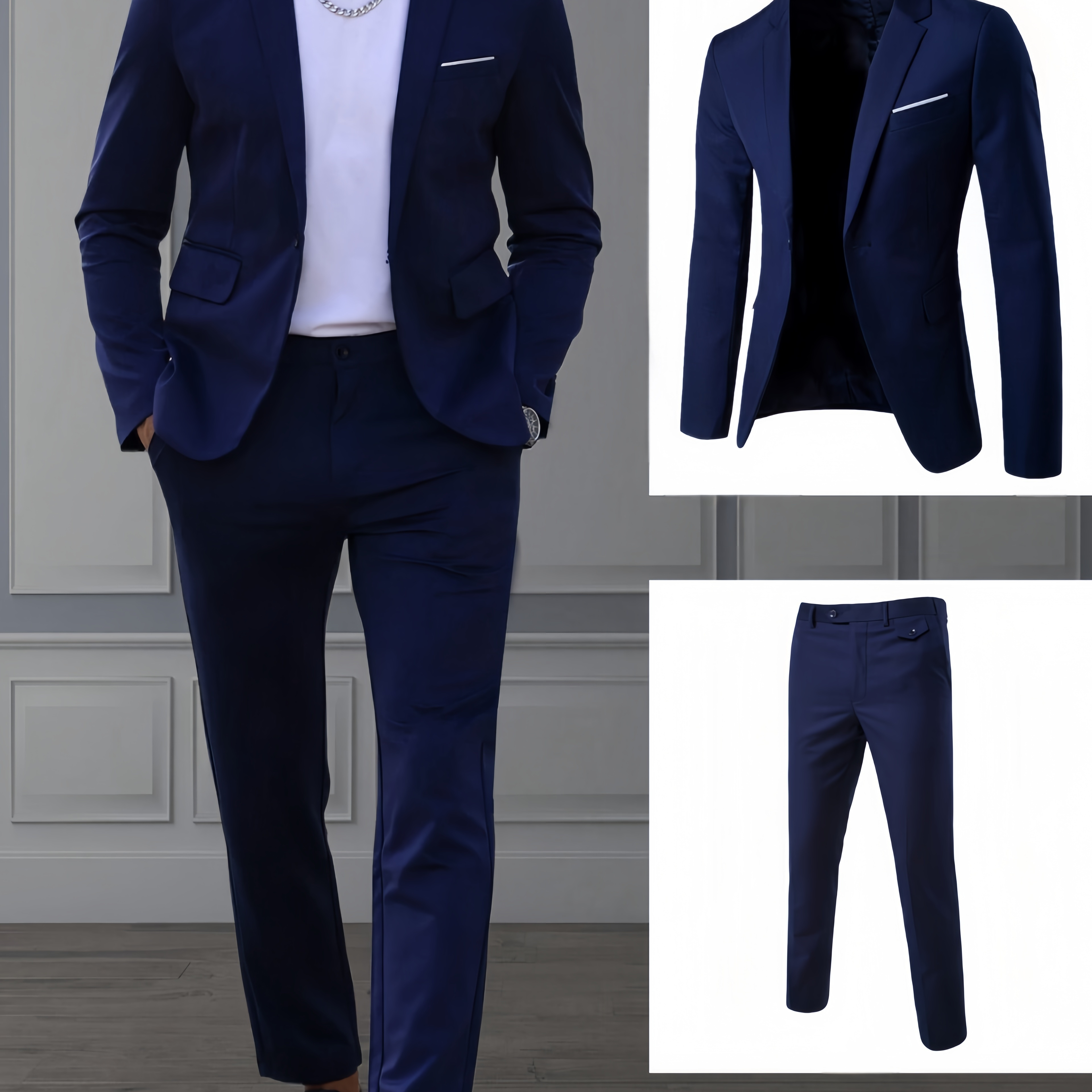 

Men's Slim Fit Business Casual Suit Set - Polyester , Long Sleeve Blazer & Dress Pants With Lapel Collar, Spring/fall