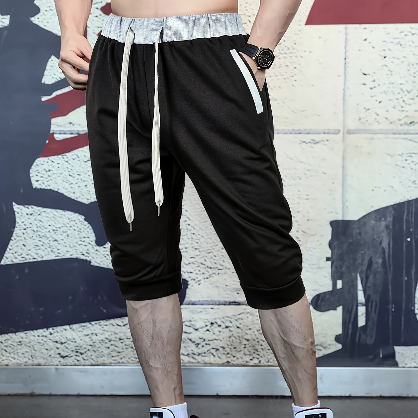 

Men's Contrast Color Capri Shorts With Drawstring And Pockets, Casual And Chic Joggers For Summer Gym And Outdoors Sports Wear