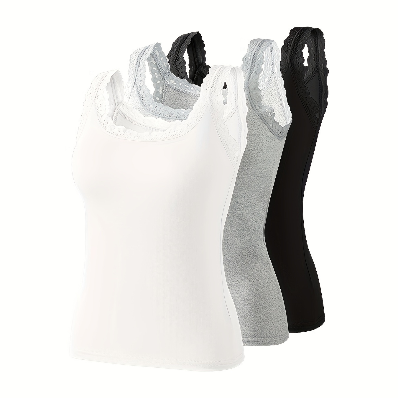 

Women's 3pcs Lace Trim Camisole Tank Tops - Elegant Black, White, And Gray - Soft Polyester , Semi-sheer Knit Sleepwear