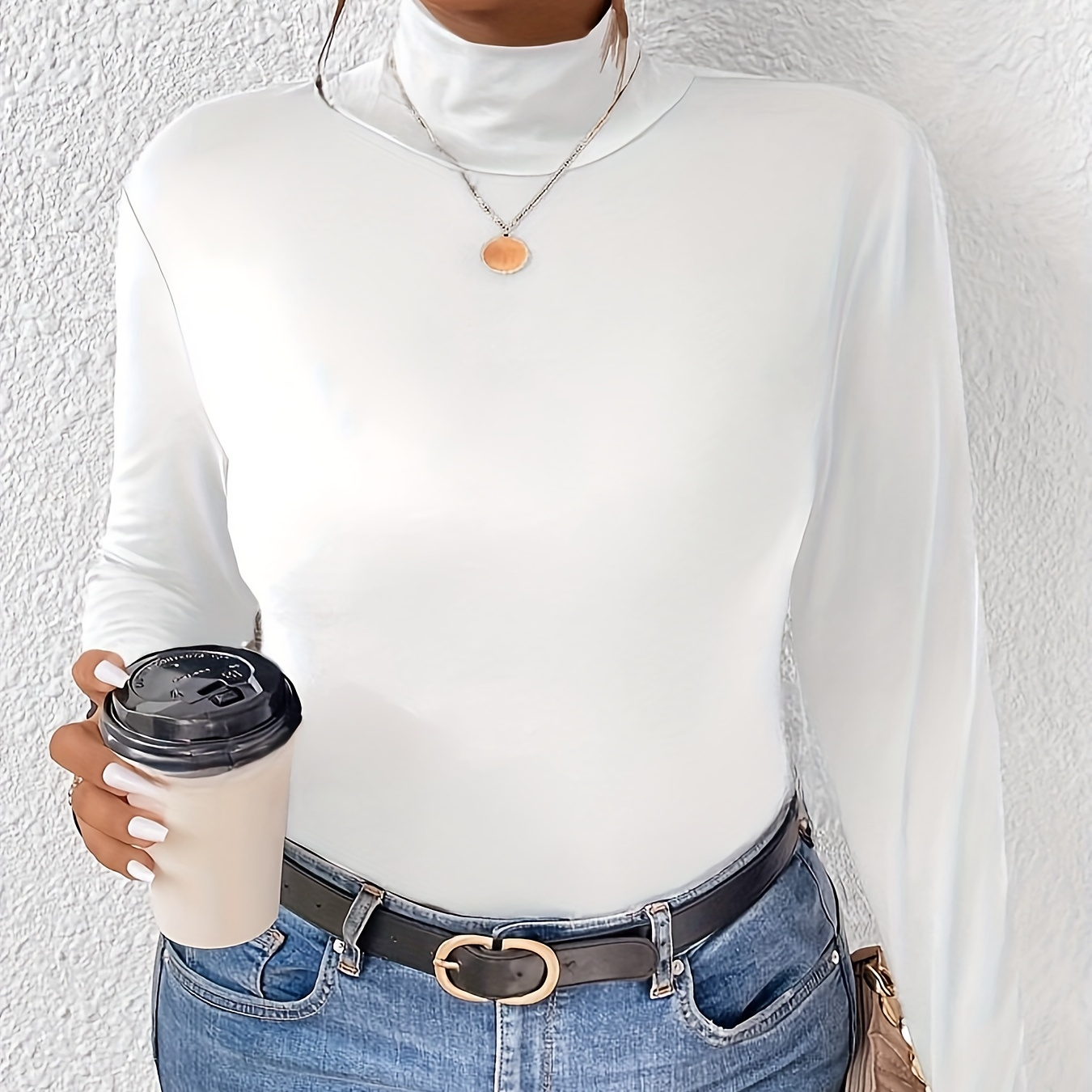 

Elegant High-neck Long Sleeve T-shirt For Women - Soft Knit Fabric, Stretchy & Breathable, Fall/winter