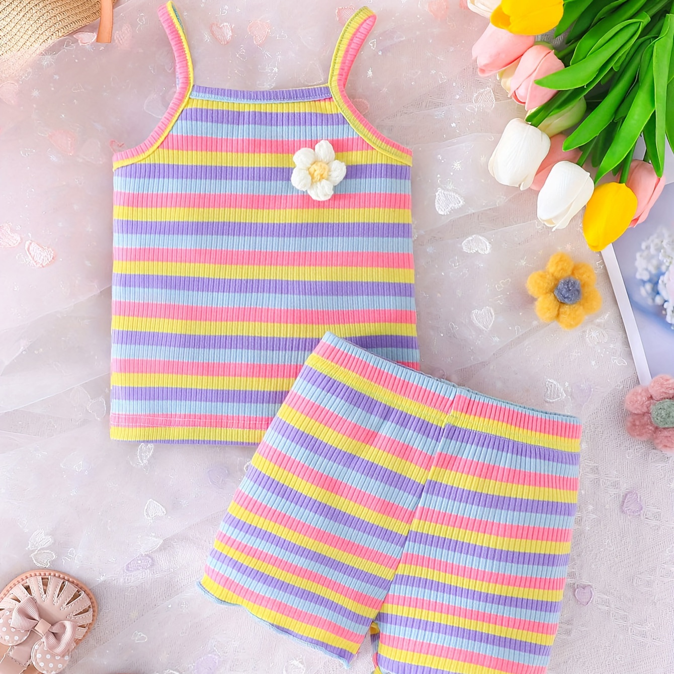 

Baby's Colorful Stripe Pattern 2pcs Ribbed Summer Outfit, Flower Decor Cami Top & Shorts Set, Toddler & Infant Girl's Clothes For Daily/holiday, As Gift
