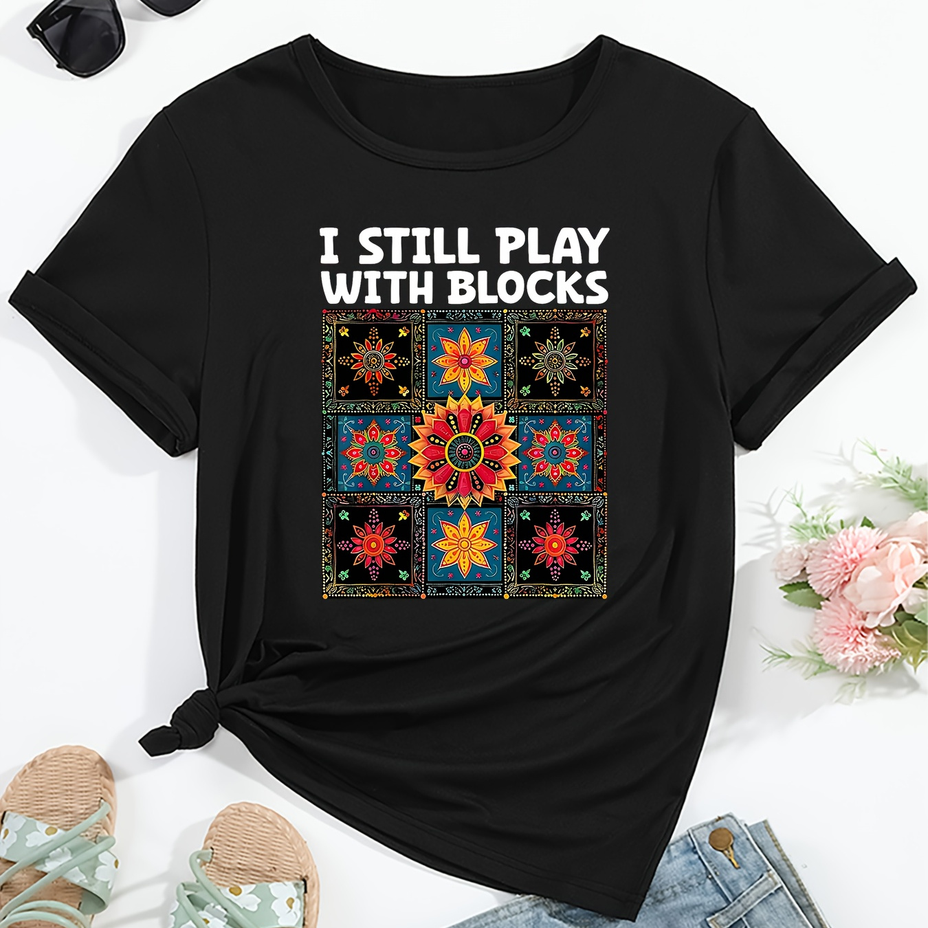 

Women's Retro-inspired Short Sleeve T-shirt With Colorful Quilt Block Print, Soft & Comfortable Casual Tee, Comfort Fit