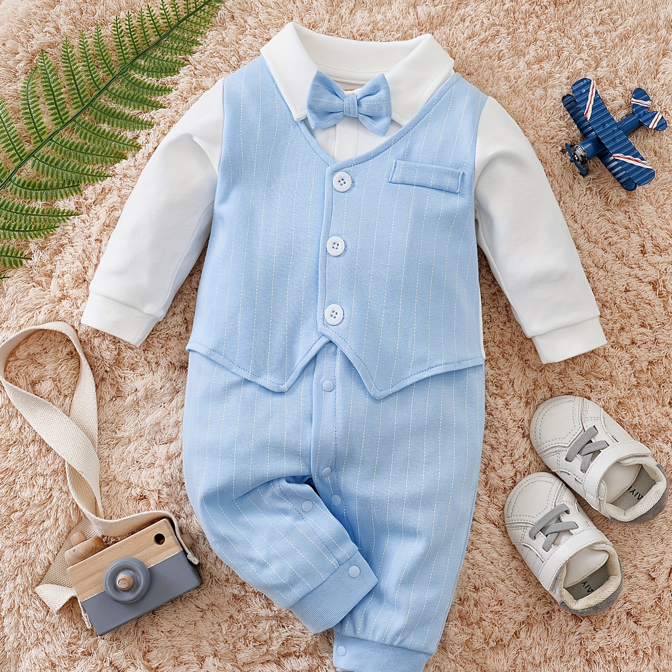 

Baby Boys' Cotton Knit Fabric Romper With Bow Tie And Button Details, Solid Color Gentleman Style Onesie For Spring/fall - 100% Cotton Loose-fit Long Sleeve Jumpsuit