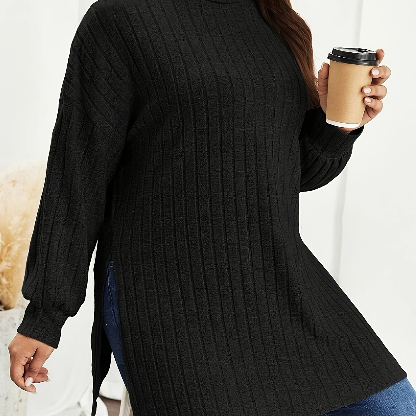 

Women's Plus Size Ribbed Turtleneck Long Sleeve Top With Side Slit - Casual Knit Pullover For Fall/winter, Black, Oversized Fit, Polyester , Machine Washable