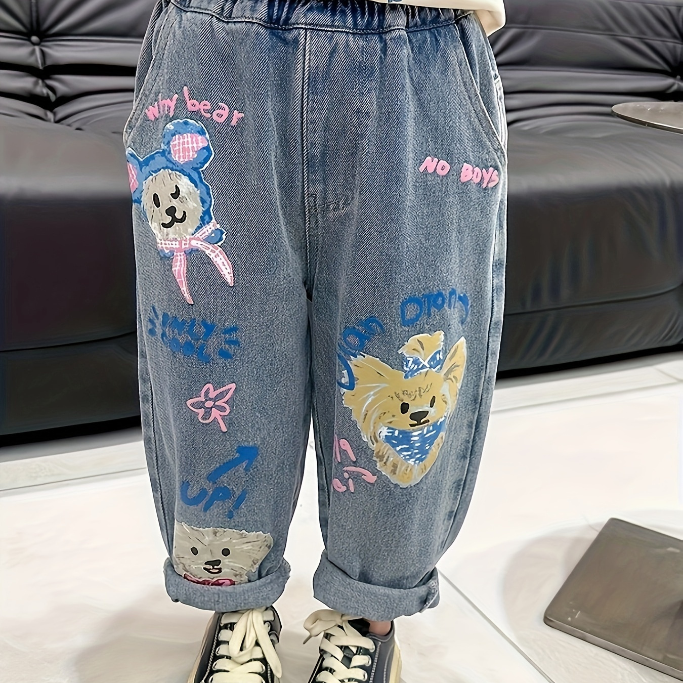 

Girls Trendy & Casual Cartoon Graffiti Animals Jeans With Pockets For Spring & Fall, Girls Denim Pants For