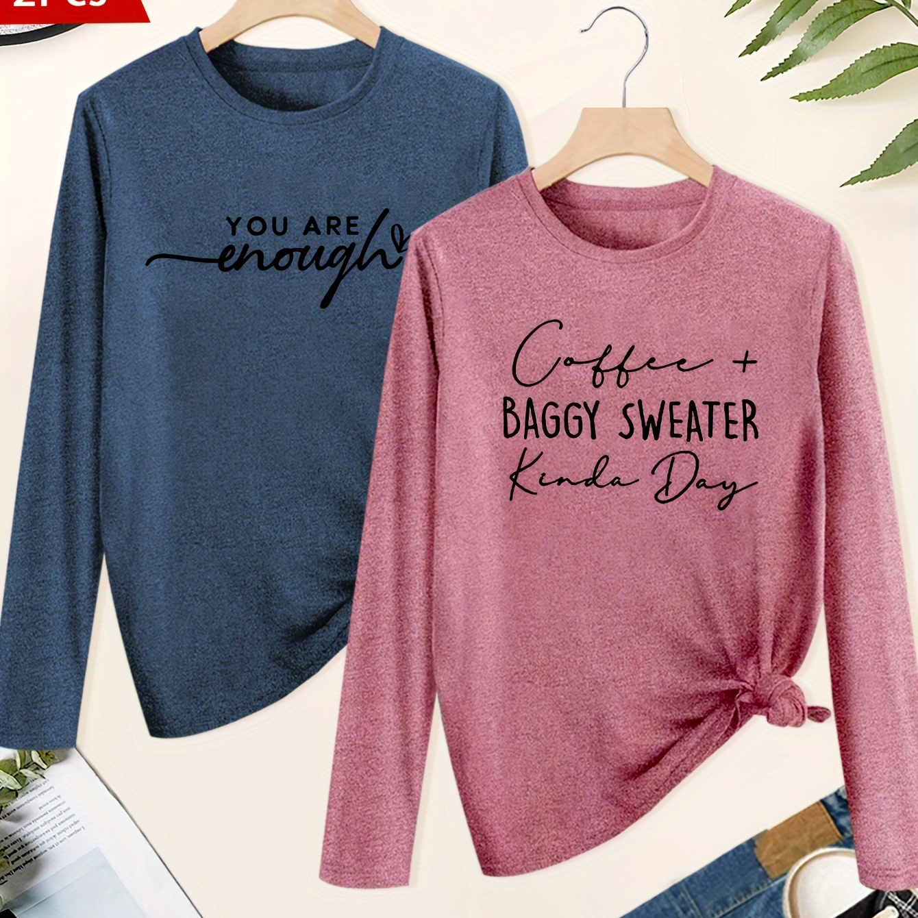 

2pcs Women's Elegant Long Sleeve T-shirts, Crew Neck, Medium Stretch, Regular Length, With Inspirational Prints, For Spring/summer/fall Casual Tops