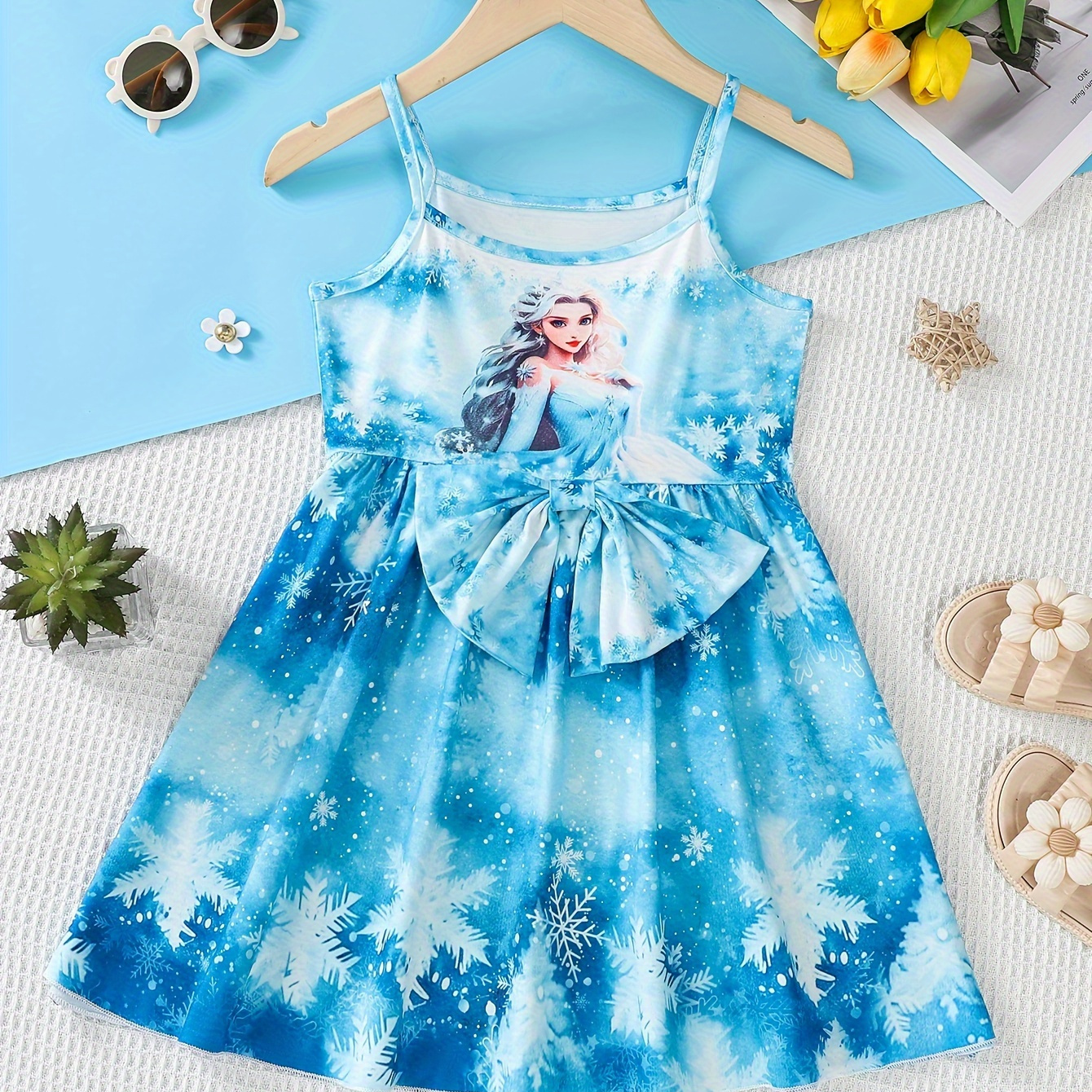 

Girl's Snow Queen Graphic Bowknot Slip Dress Holiday/ Casual Dresses Summer Gift