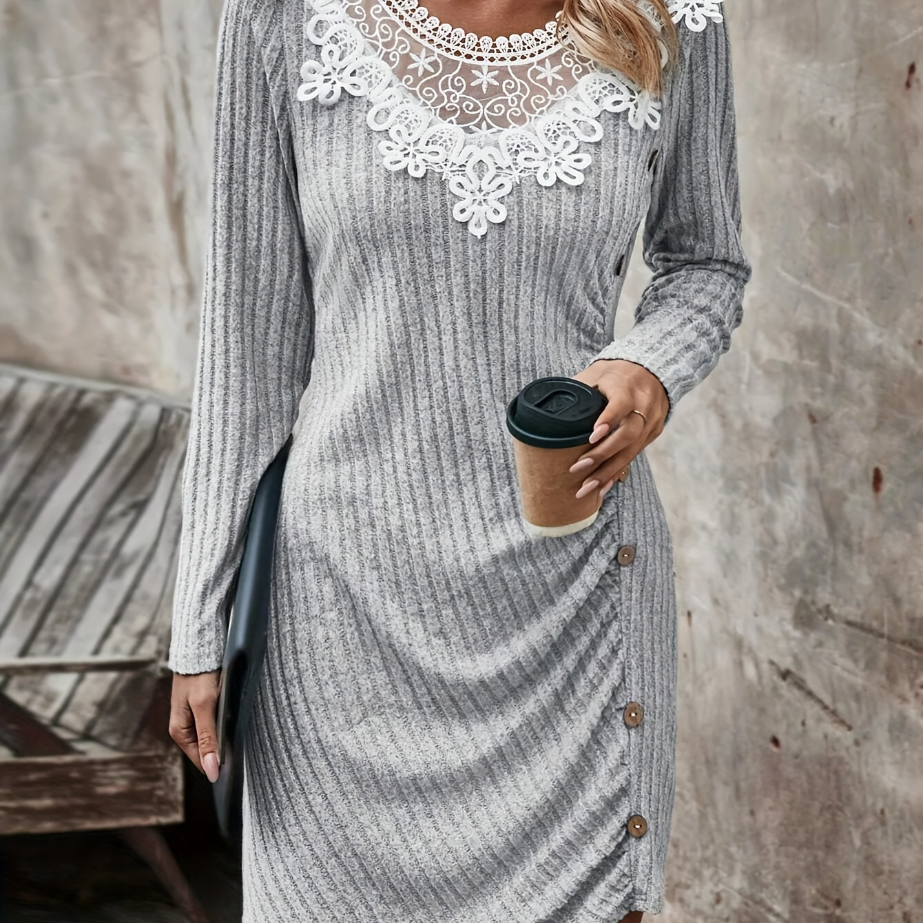 

Contrast Lace Button Ruched Dress, Elegant Long Sleeve Slim Ribbed Dress, Women's Clothing