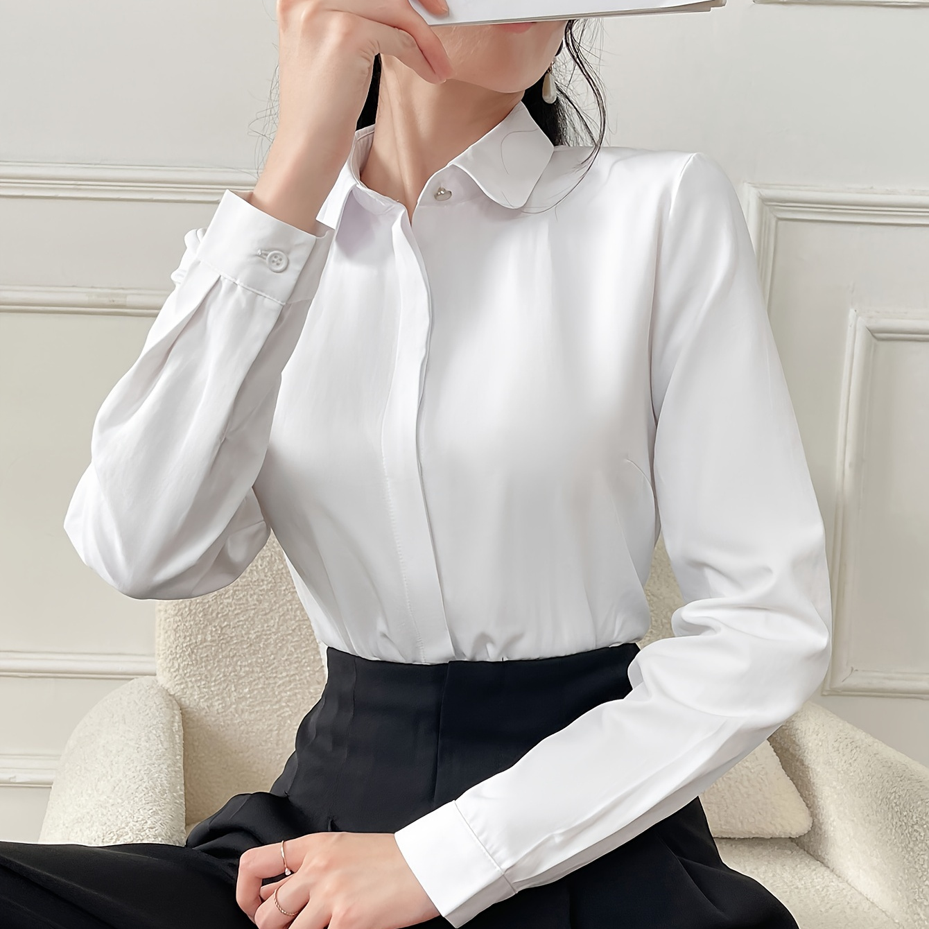 

Solid Collared Simple Shirt, Casual Long Sleeve Slim Shirt For Office & Work, Women's Clothing