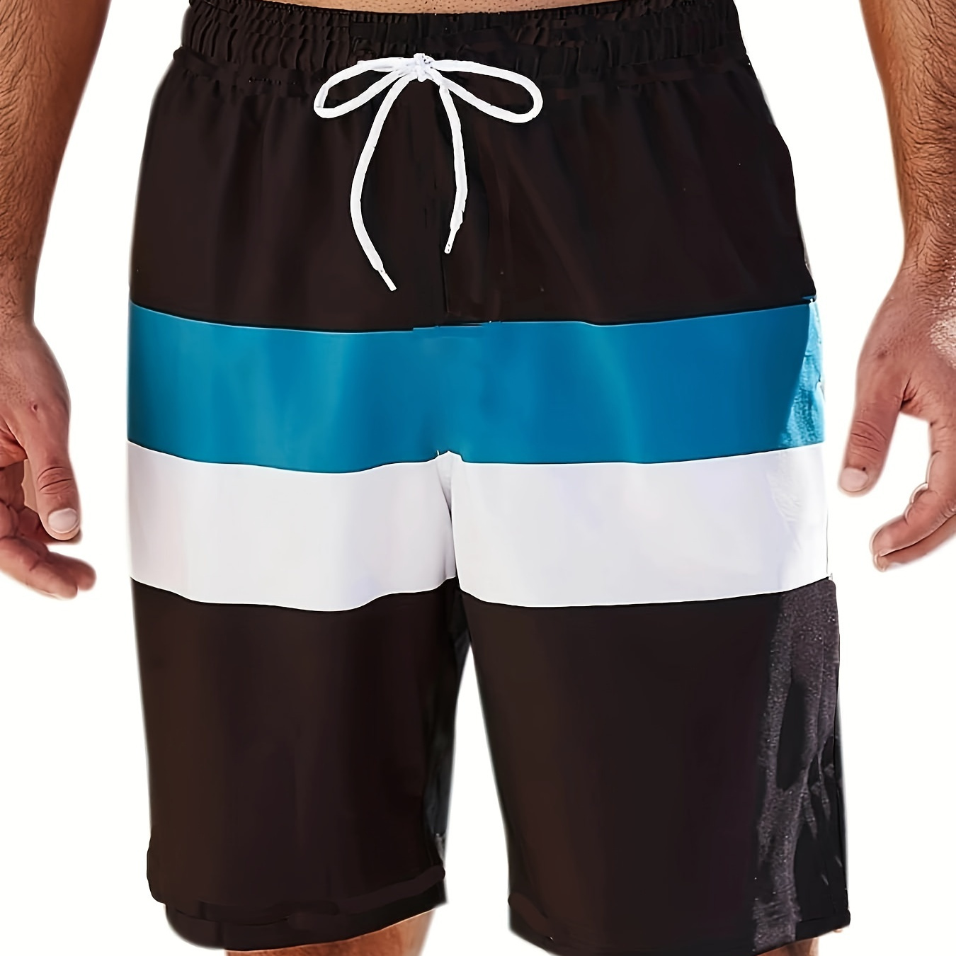 Men's Plus Size Stripe Element Shorts, Drawstring Short Pants For Casual Chic Style, Summer Beach Clothings