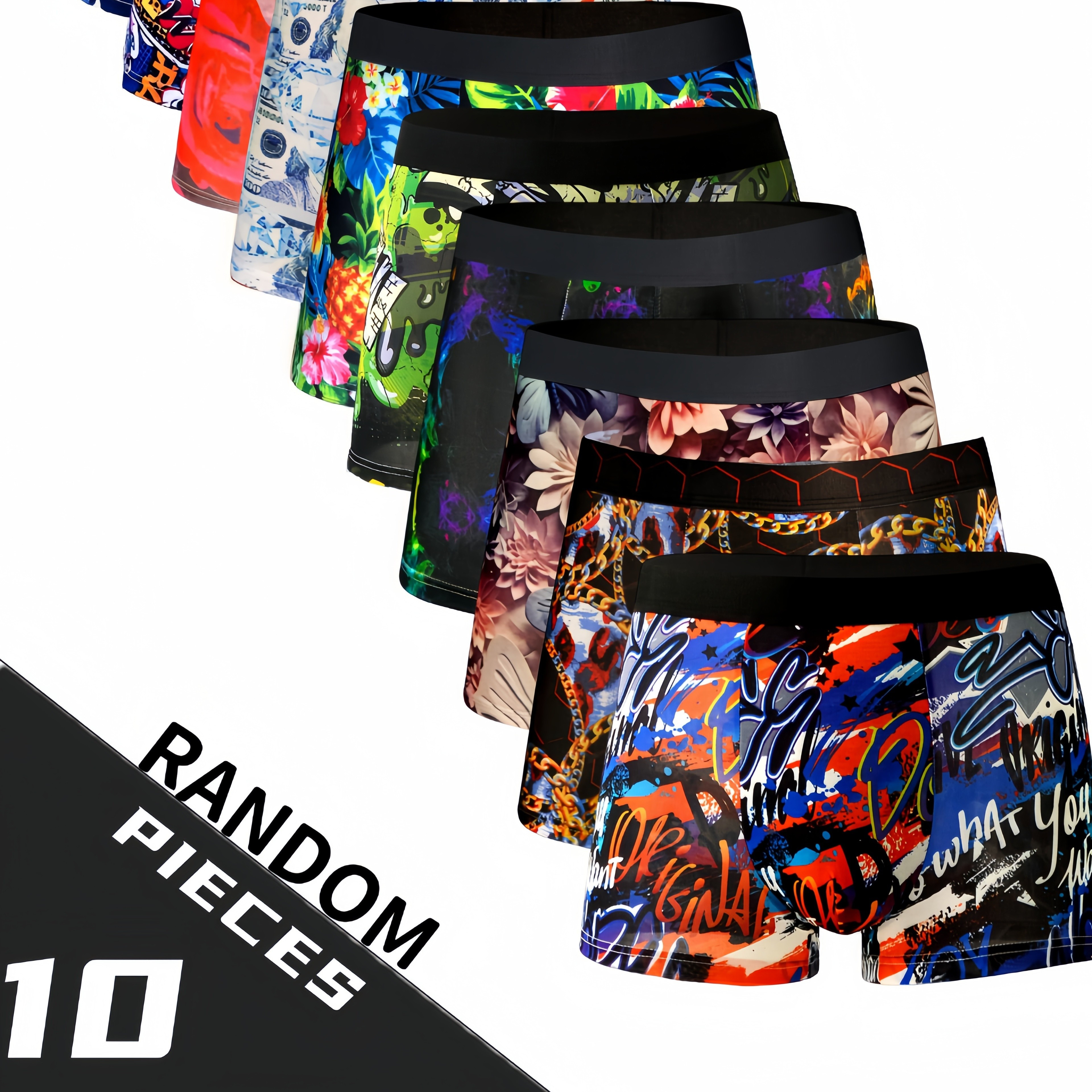 

10pcs Men's Ice Silky Boxer Briefs - Breathable, Stretchy Sports & Casual Underwear With Random Prints (blue, Red, Black, Green, Floral) - Cooling, Quick-dry Fabric For