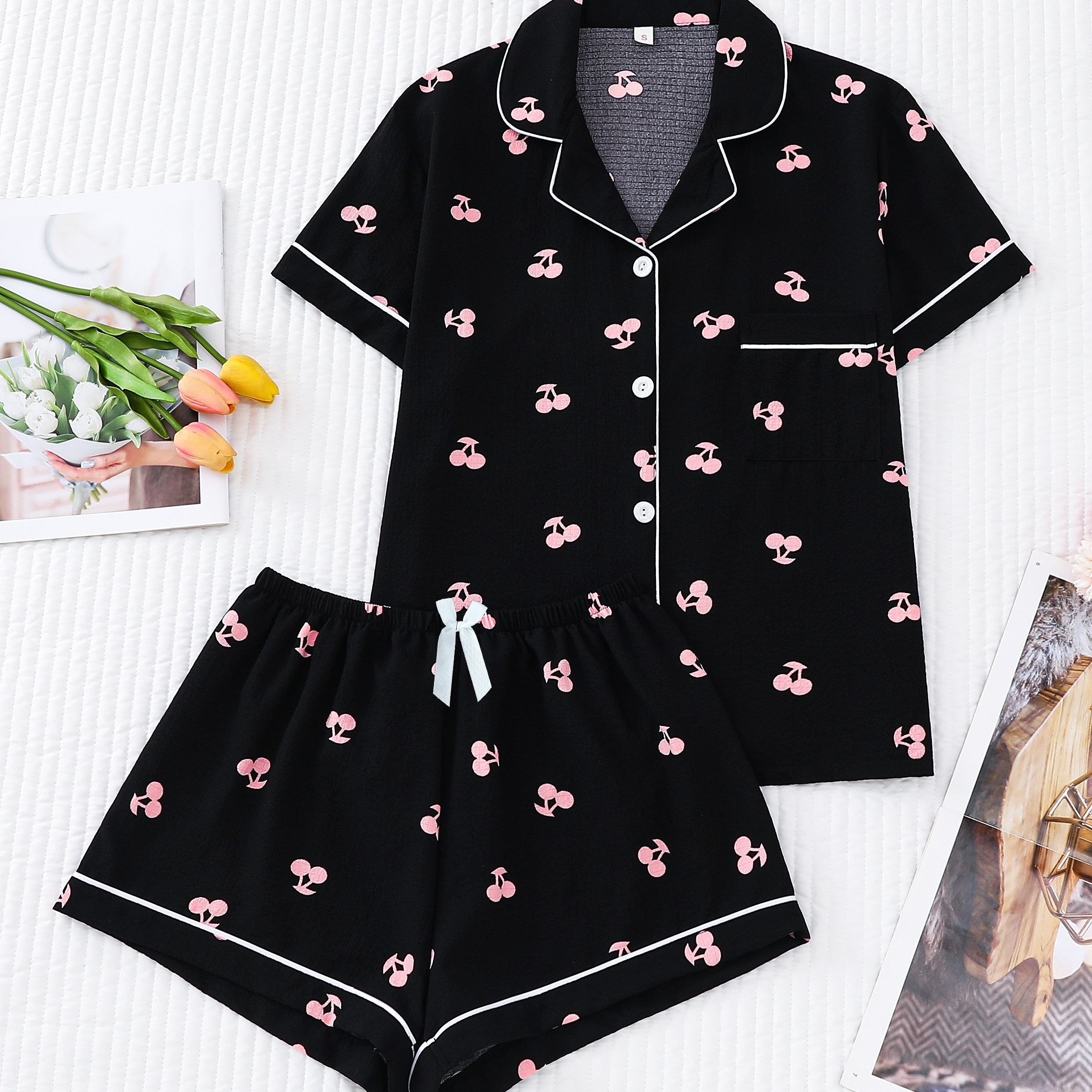 

Cherry Print Pajama Set, Casual Short Sleeve Buttons Lapel Top & Elastic Shorts, Women's Sleepwear