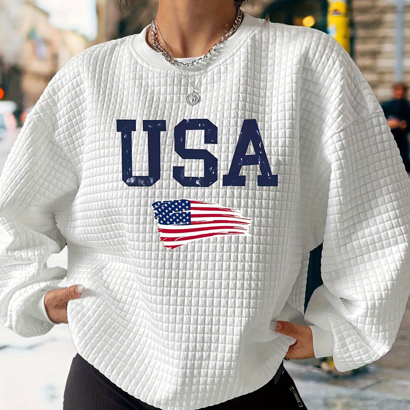 

Usa Flag Print Pullover Sweatshirt, Casual Waffle Long Sleeve Crew Neck Sweatshirt For Fall & Winter, Women's Clothing