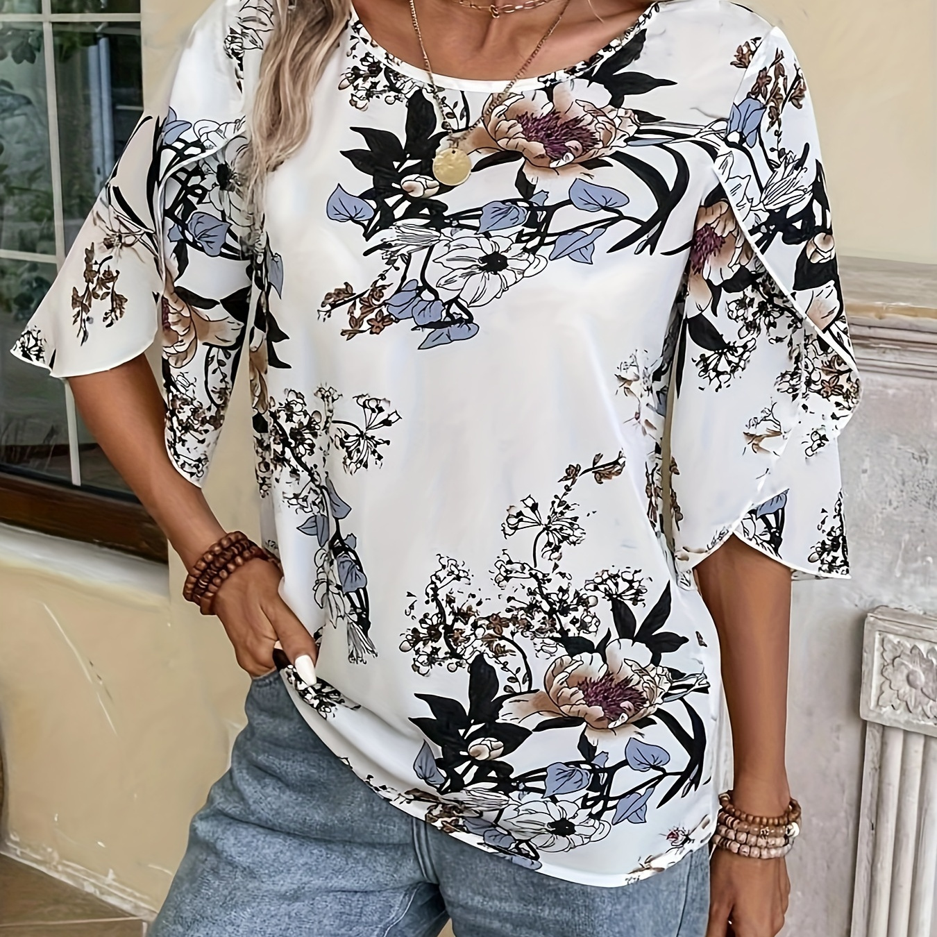 

Floral Print Crew Neck Blouse, Elegant Petal Sleeve Blouse For Spring & Summer, Women's Clothing