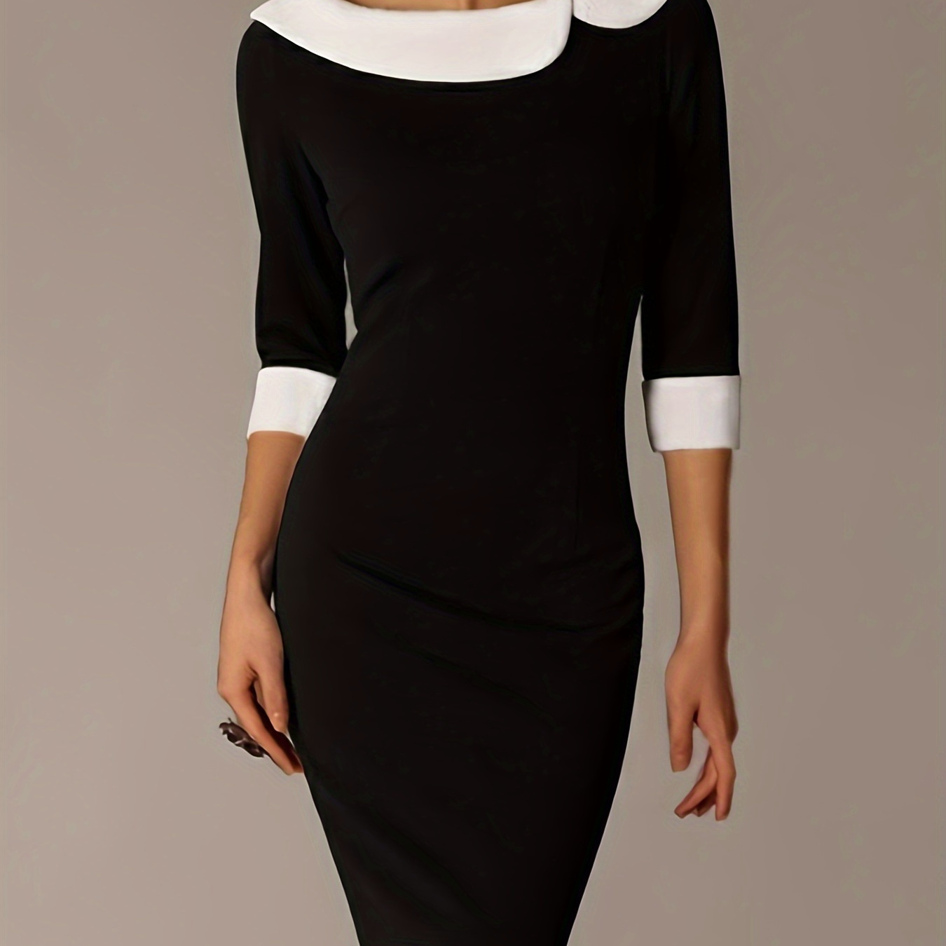 

Color Block Boat Neck Dress, Elegant Three-quarter Sleeve Slim Above Knee Dress For Spring & Fall, Women's Clothing