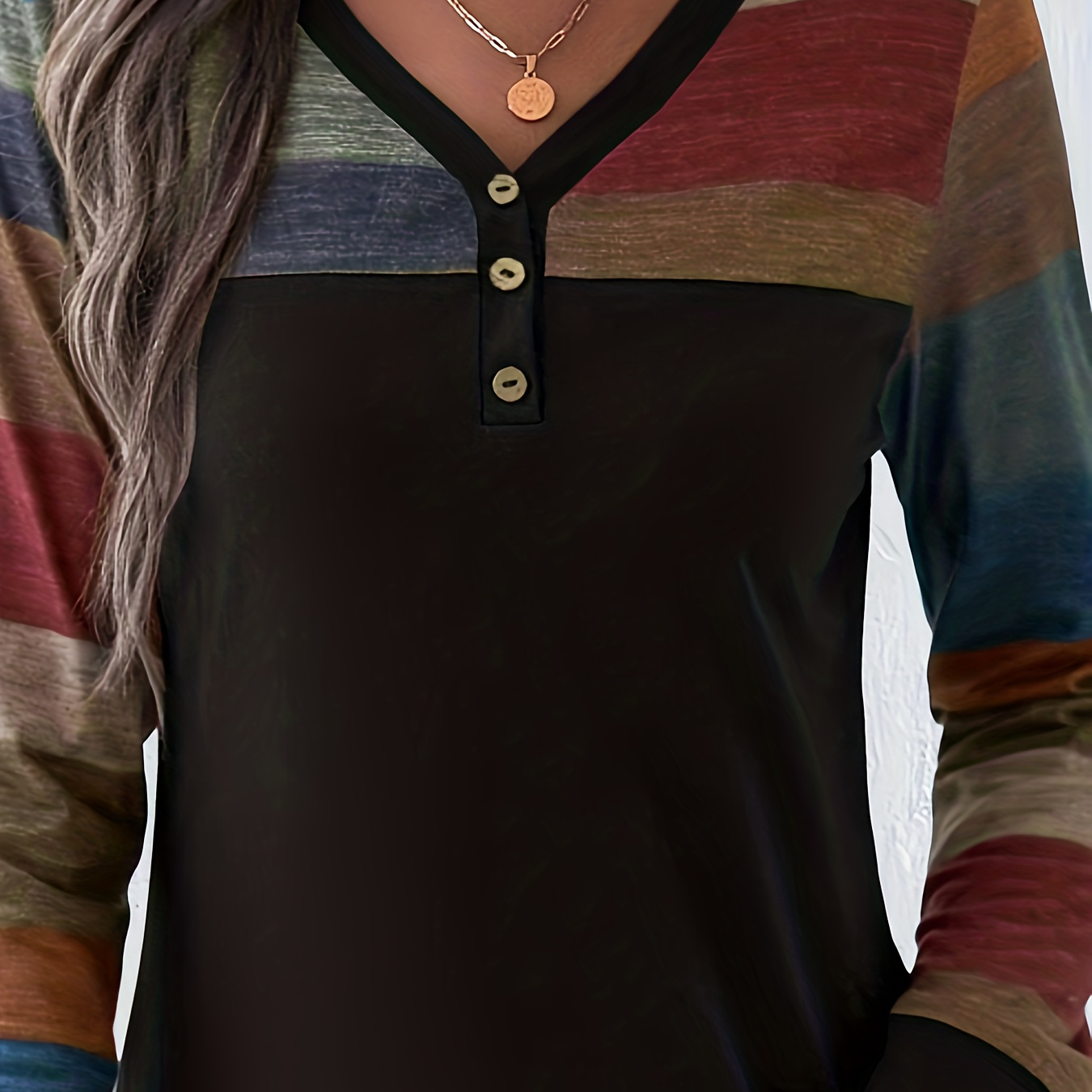 

Colorblock Stripe Print V Neck T-shirt, Casual Long Sleeve Top For Spring & Fall, Women's Clothing