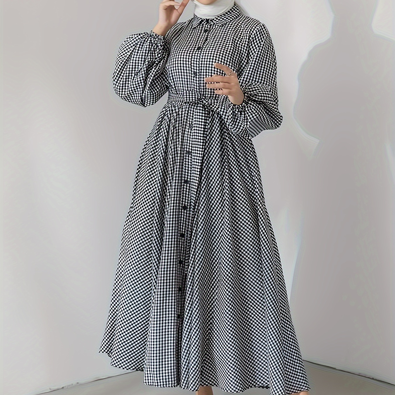 

Robe à Carreaux avec Boutons, Élégante Robe A-ligne à Manches Longues et Taille Nouée pour & , Vêtements pour Femmes