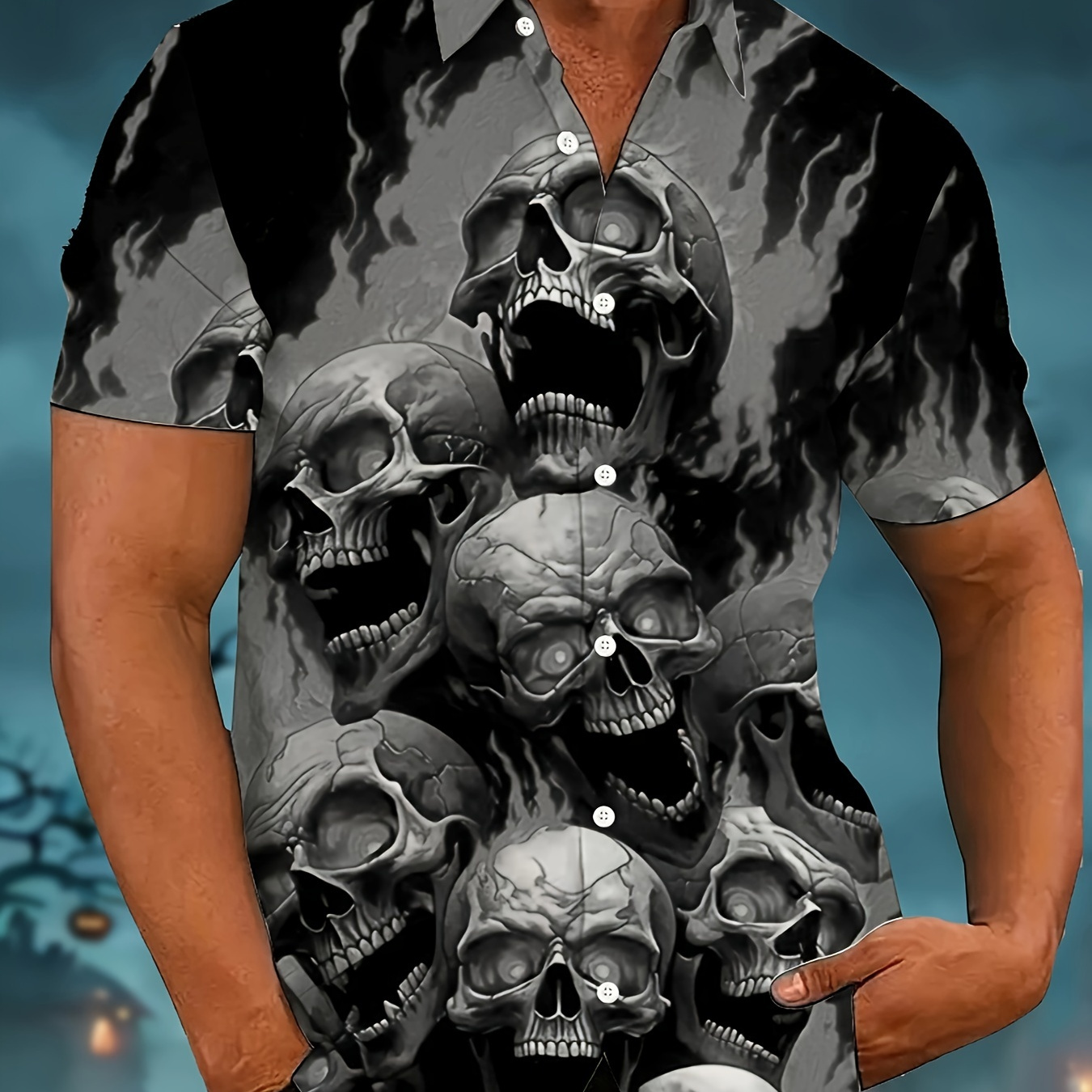 

Men's Novelty 3d Skulls Pattern Print Short Sleeve Lapel Shirt Top, Casual Button Up Shirt For Summer Daily Wear And Vacation Resorts