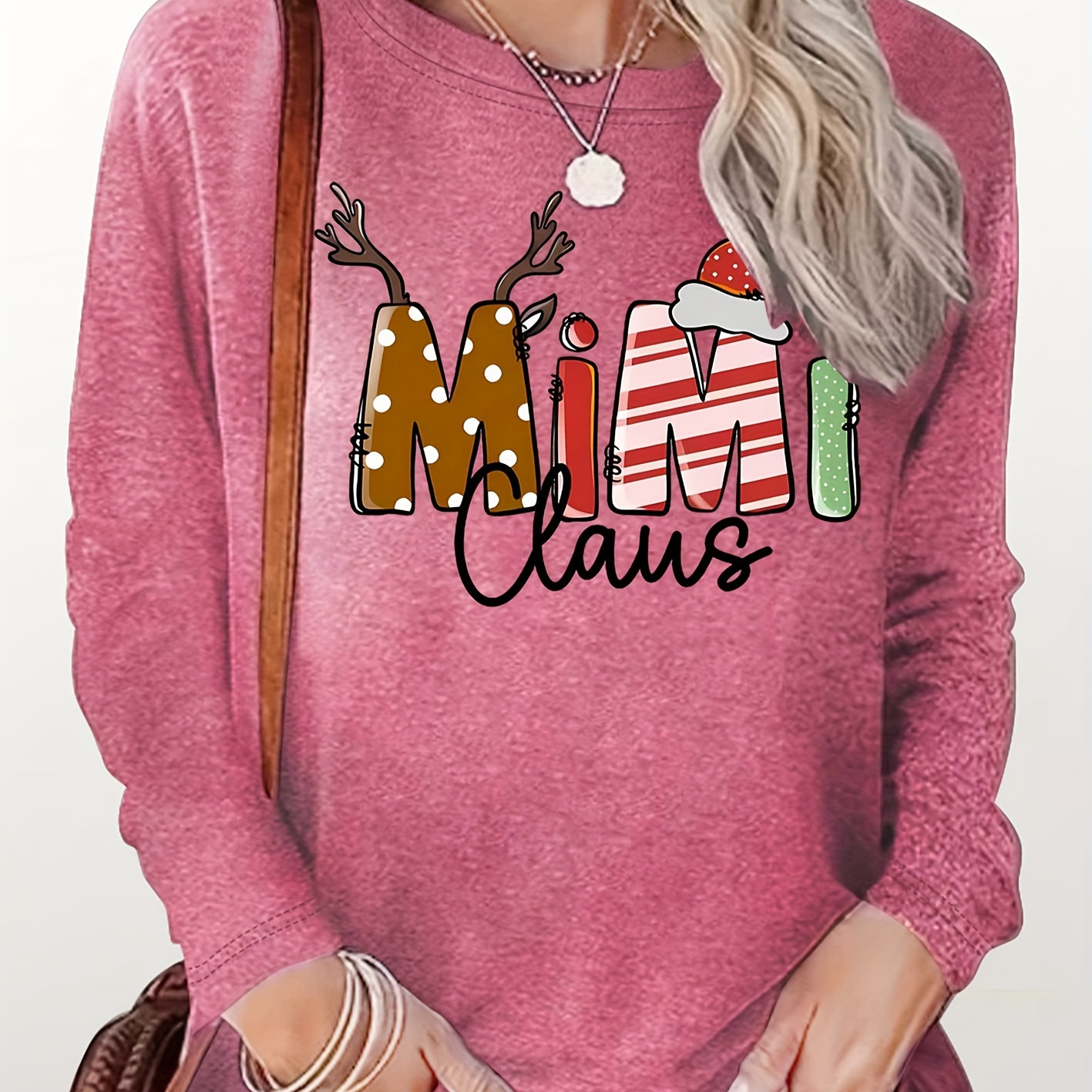 

1pc Mimi Claus Christmas Letter Print Long Sleeve T-shirt, Casual Round Neck Tee, Festive Graphic Top For Women, Stretch Knit Fabric, Regular Length, For Spring/summer/autumn