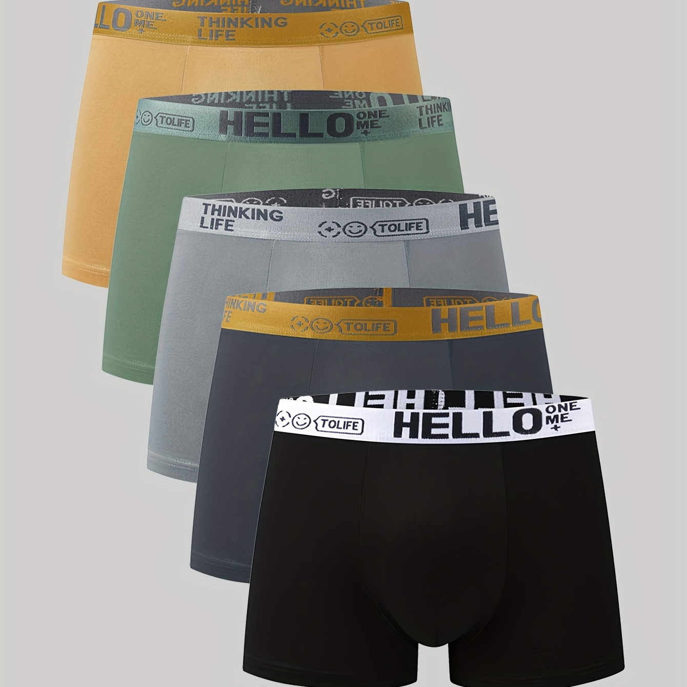 

5pcs 'hello' Print Men's Boxer Briefs - Breathable & Comfortable, High-stretch Quick- Trunks In Assorted Colors With Waistband & Cuffs, Polyester/spandex