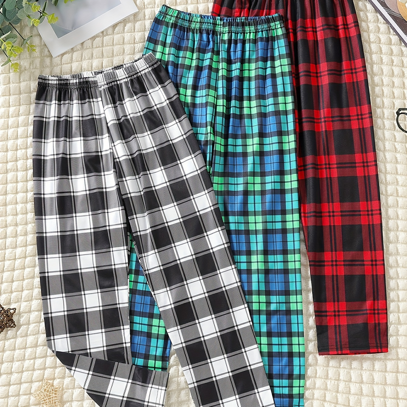 

3pcs Boys Color Contrast Plaid Full Print Straight Loose Trousers, 4 Seasons Casual Basic Clothing, Mature Style Daily Going Out Dual-use Pants For Boys