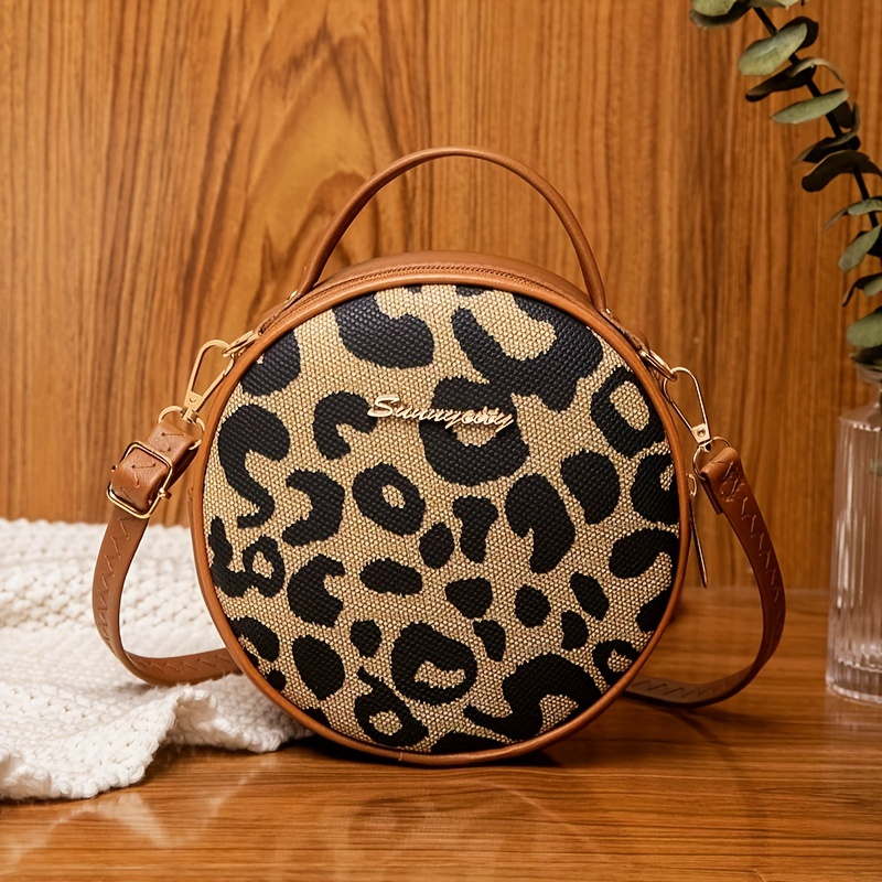 

Leopard Print Round Handbag, Trendy Pu Leather Crossbody Bag, Women's Top Handle Circle Purse