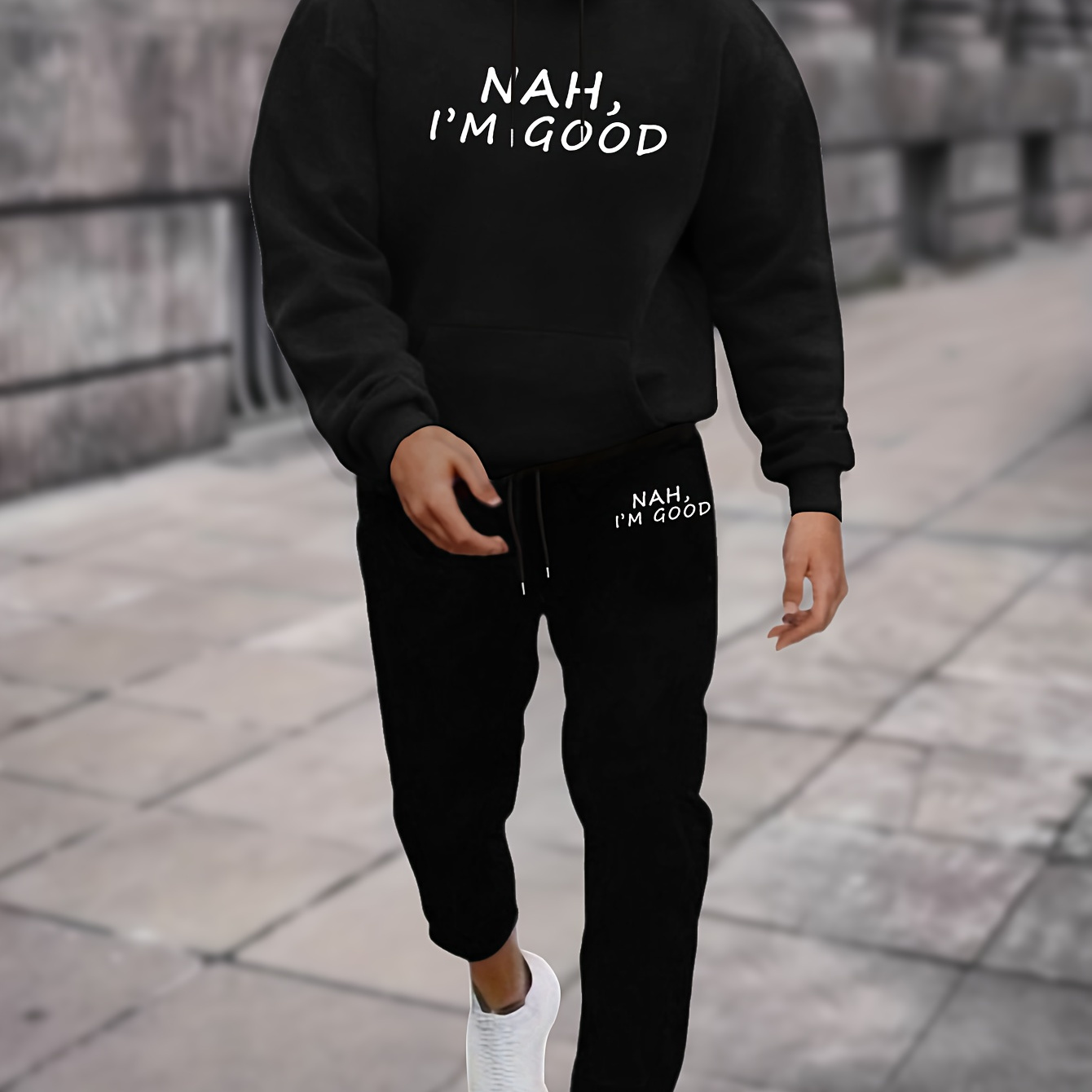

Nah, I'm Good Print, Men's 2pcs Outfits, Casual Crew Neck Long Sleeve Pullover Hoodie And Drawstring Sweatpants Joggers Set For Spring And Fall, Men's Clothing