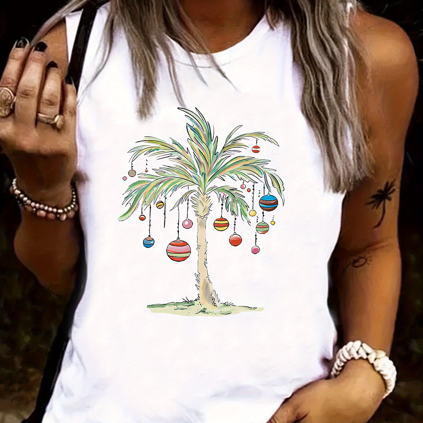 

Women's Festive Christmas Palm Tree Print Tank Top - Young Style Polyester Blend Crew Neck Sleeveless Shirt, Comfort Stretch, Non-sheer, Easy Care, All Season Casual Wear[holiday Themed][youthful]