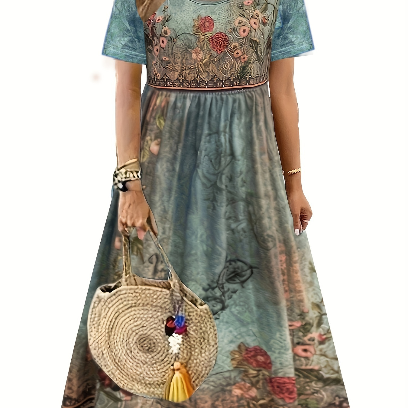 

Floral Print Crew Neck Dress, Vintage Short Sleeve Dress For Spring & Summer, Women's Clothing