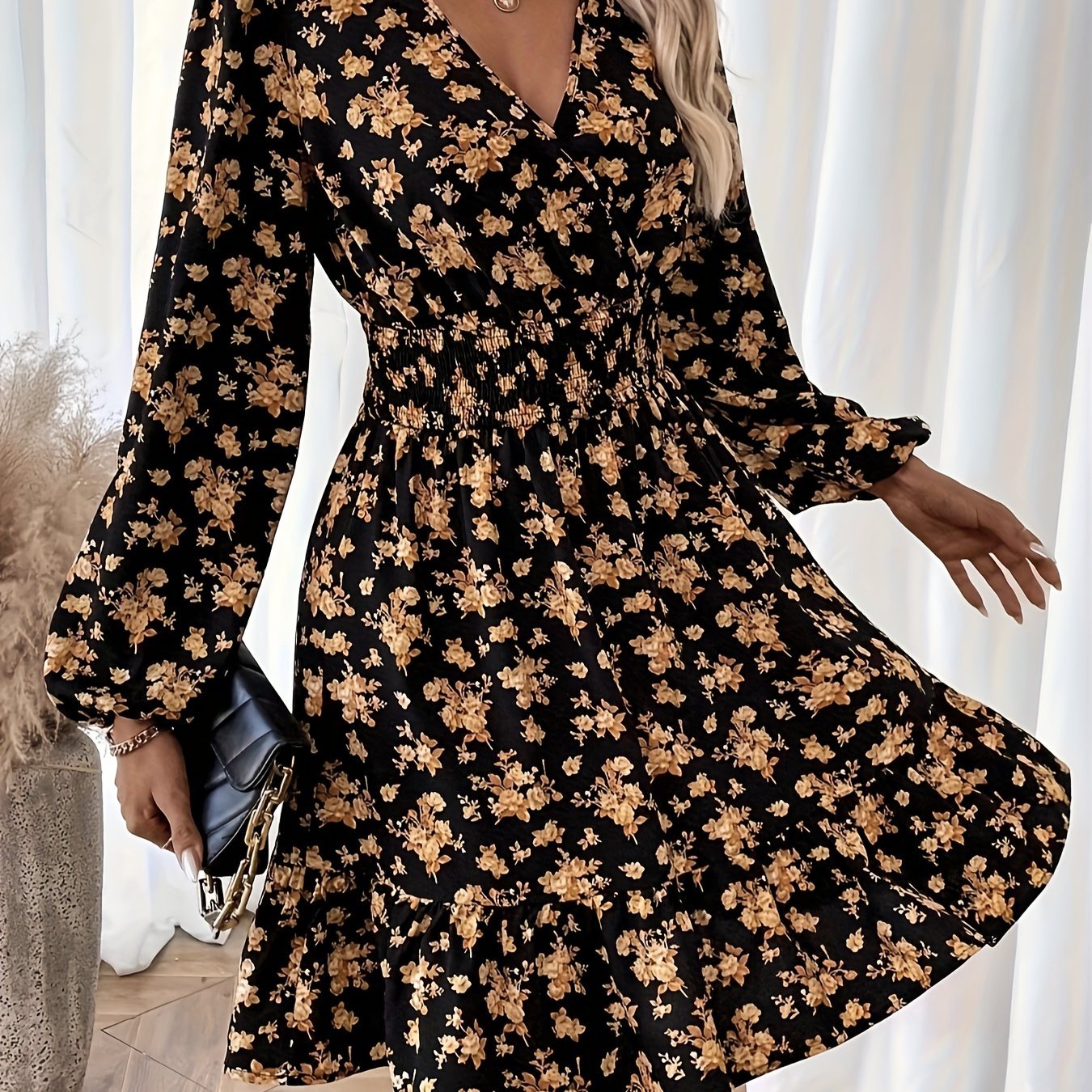 

Floral Print Surplice Neck Dress, Vacation Vibes Long Sleeve Dress For Spring & Fall, Women's Clothing