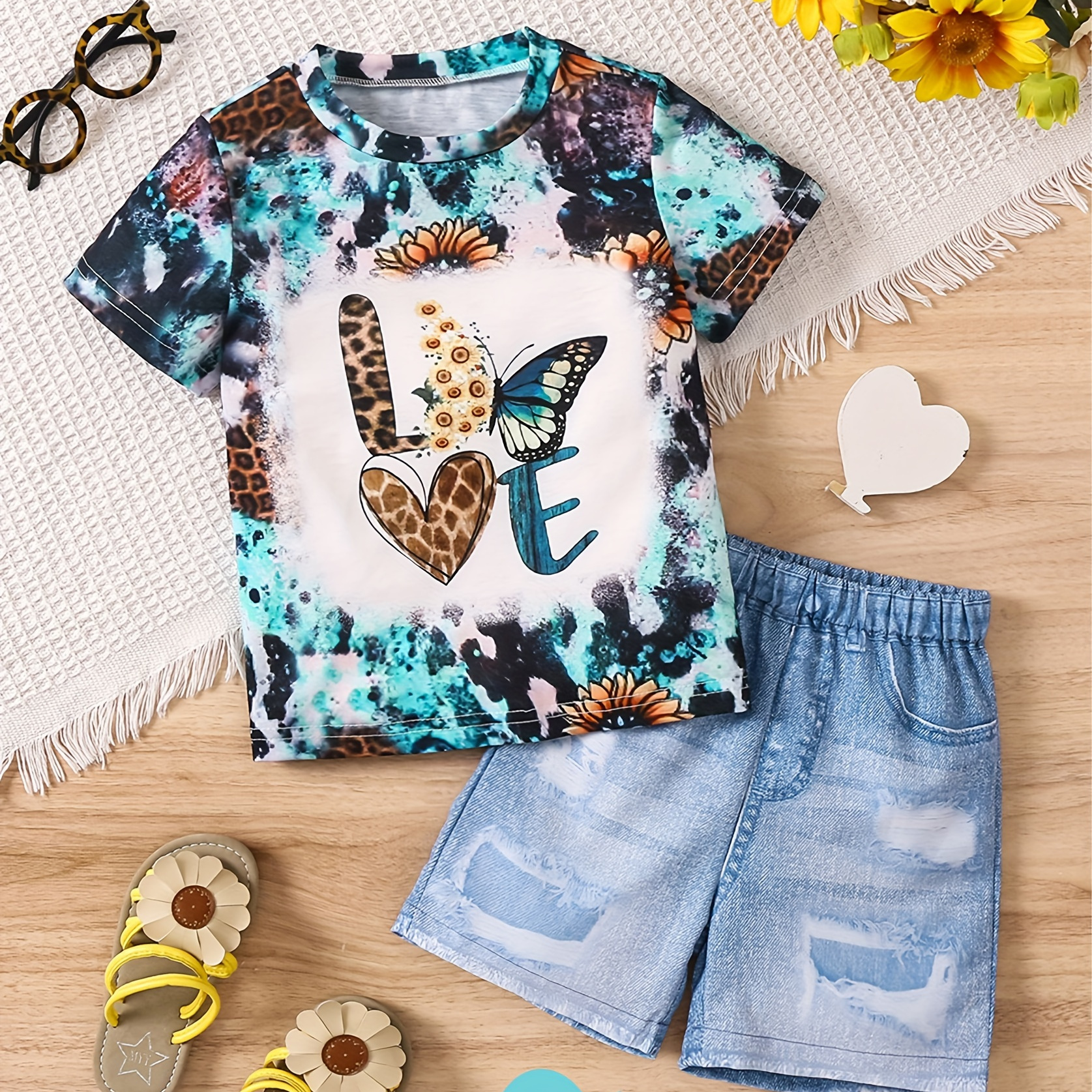 

Summer Outfits Girl's Retro Love Print Short Sleeve Top + 3d Print Shorts Set Holiday Casual Going Out 2pcs Clothes