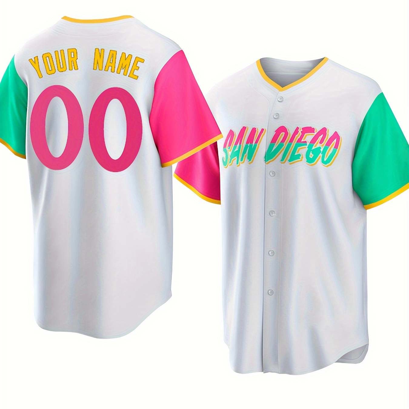 

Customized Name And Number Design, Trendy Color Block Men's Short Sleeve Loose V-neck Embroidery Button Up Baseball Jersey For Team Training