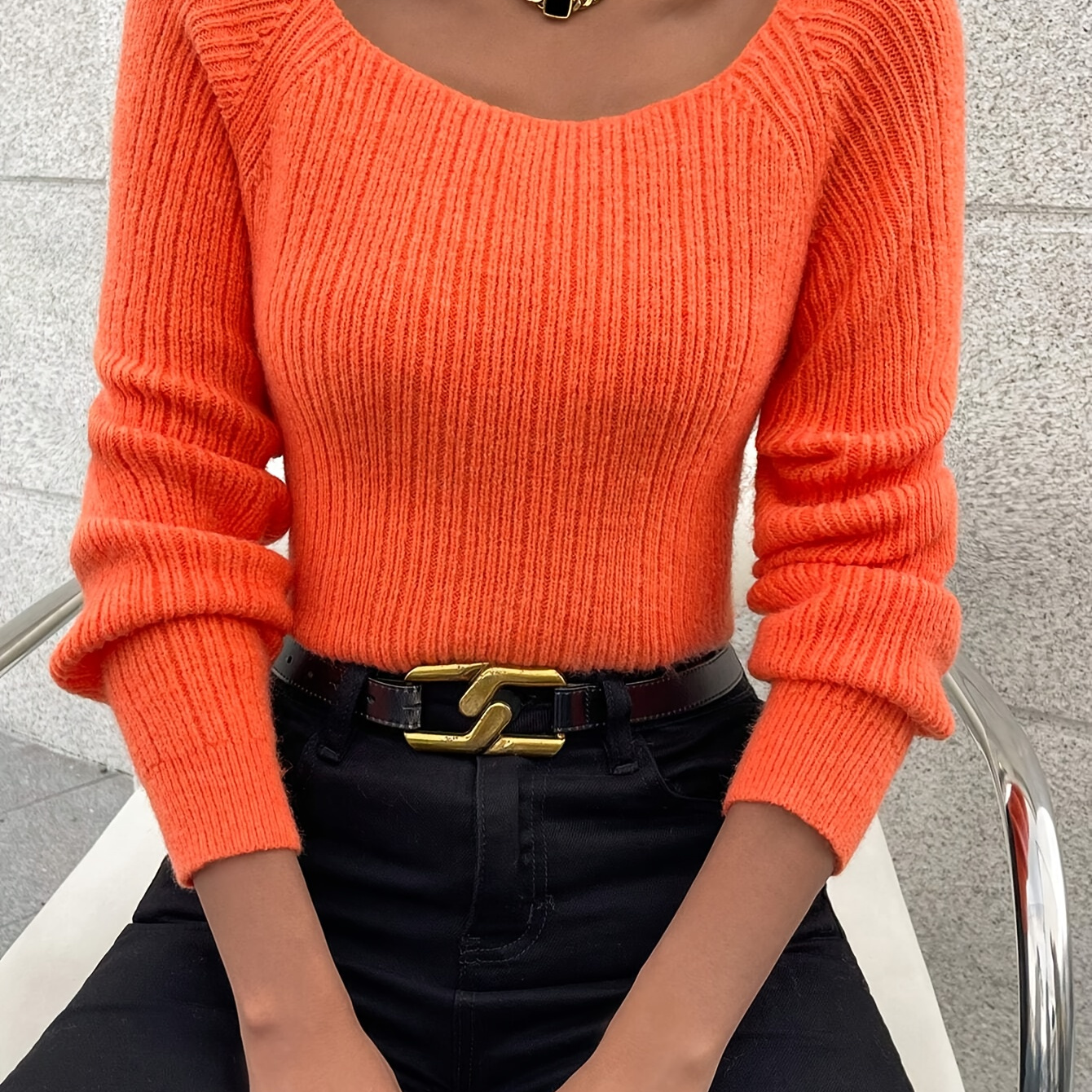 

Solid Color Crew Neck Knitted Sweater, Casual Long Sleeve Drop Shoulder Pullover Sweater For Fall & Winter, Women's Clothing