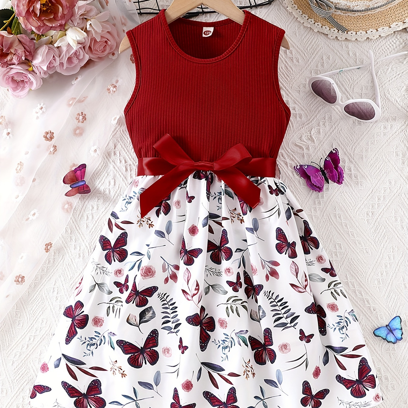 

Girls Sweet Butterfly Print Stitching Sleeveless Dress With Bow Belt, Holiday/ Casual Going Out, Summer Gift