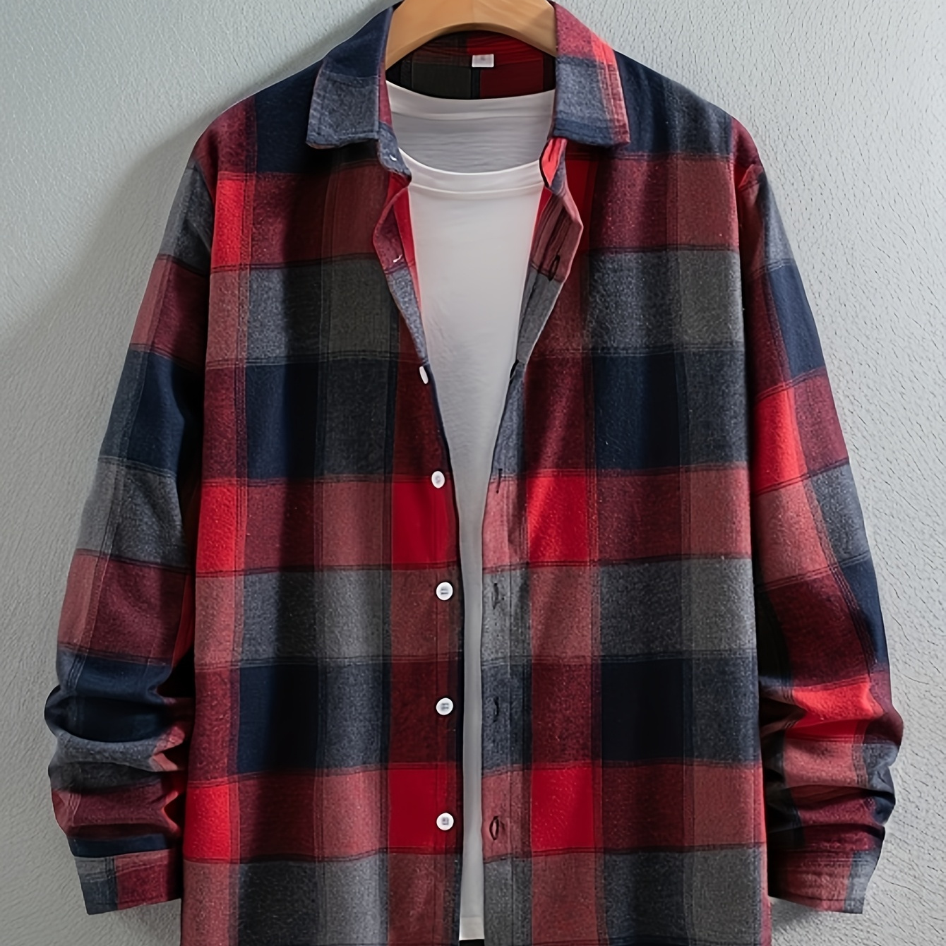 

1pc Men's Plus Size Casual Shirt, Polyester Long Sleeve Lapel Collar, Woven Non-stretch Fabric, Regular Fit For Spring/fall - '