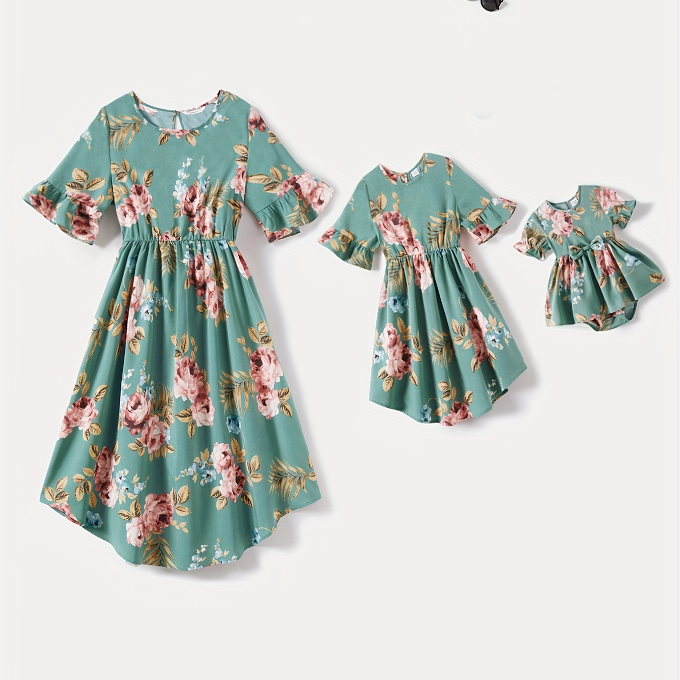 

Patpat Mommy And Me Allover Floral Print Ruffle Half-sleeve Dresses, Baby Kids Women Casual Clothes For Summer Vacation Family Activities