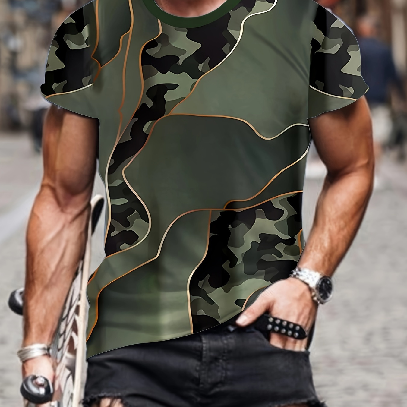 

Men's Camouflage Pattern Crew Neck And Short Sleeve T-shirt, Stylish And Chic Tops For Summer Outdoors Wear