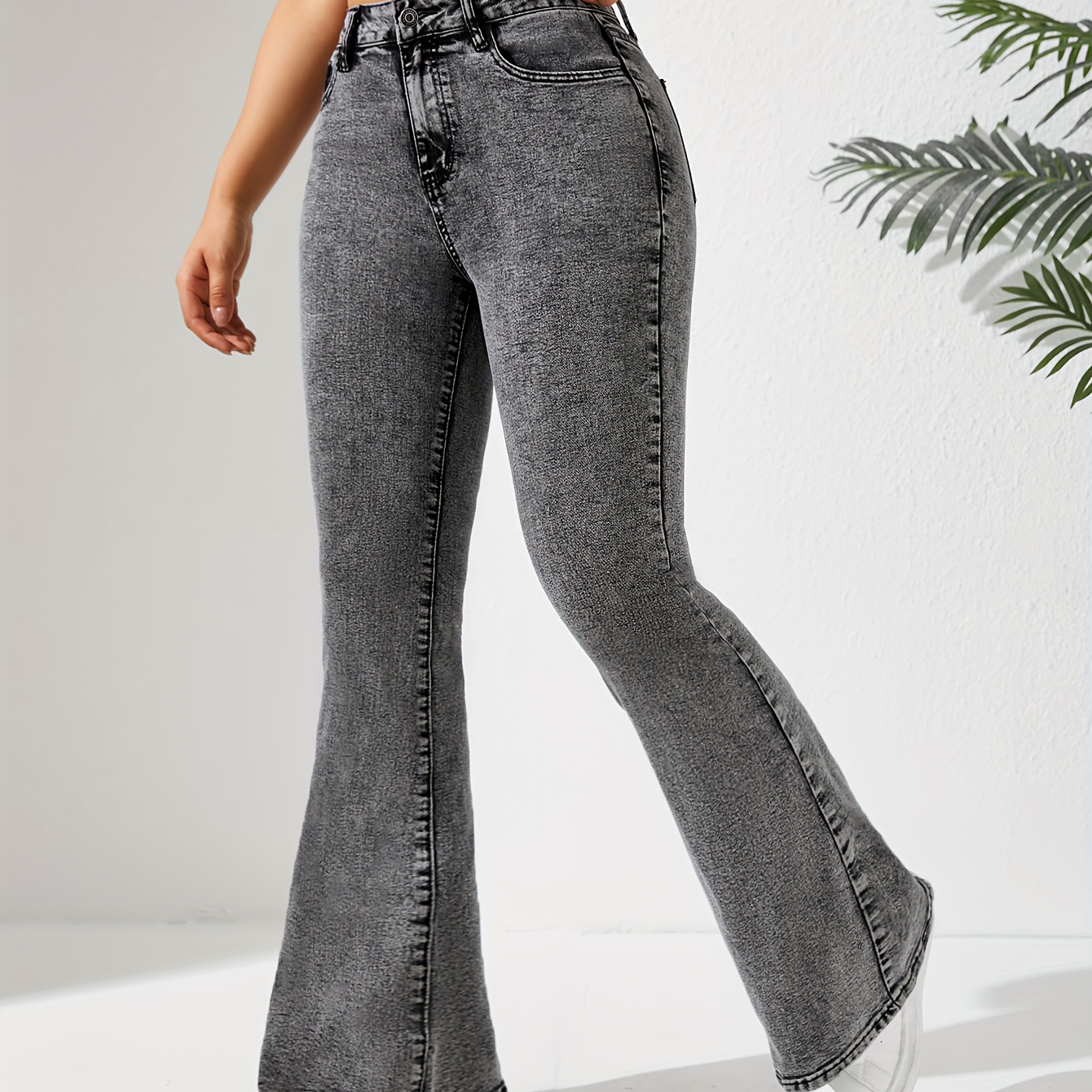 

Women's Casual Style High-waist Snowflake Washed Grey Plain Denim Flare Leg Bell Bottom Denim Pants Jeans