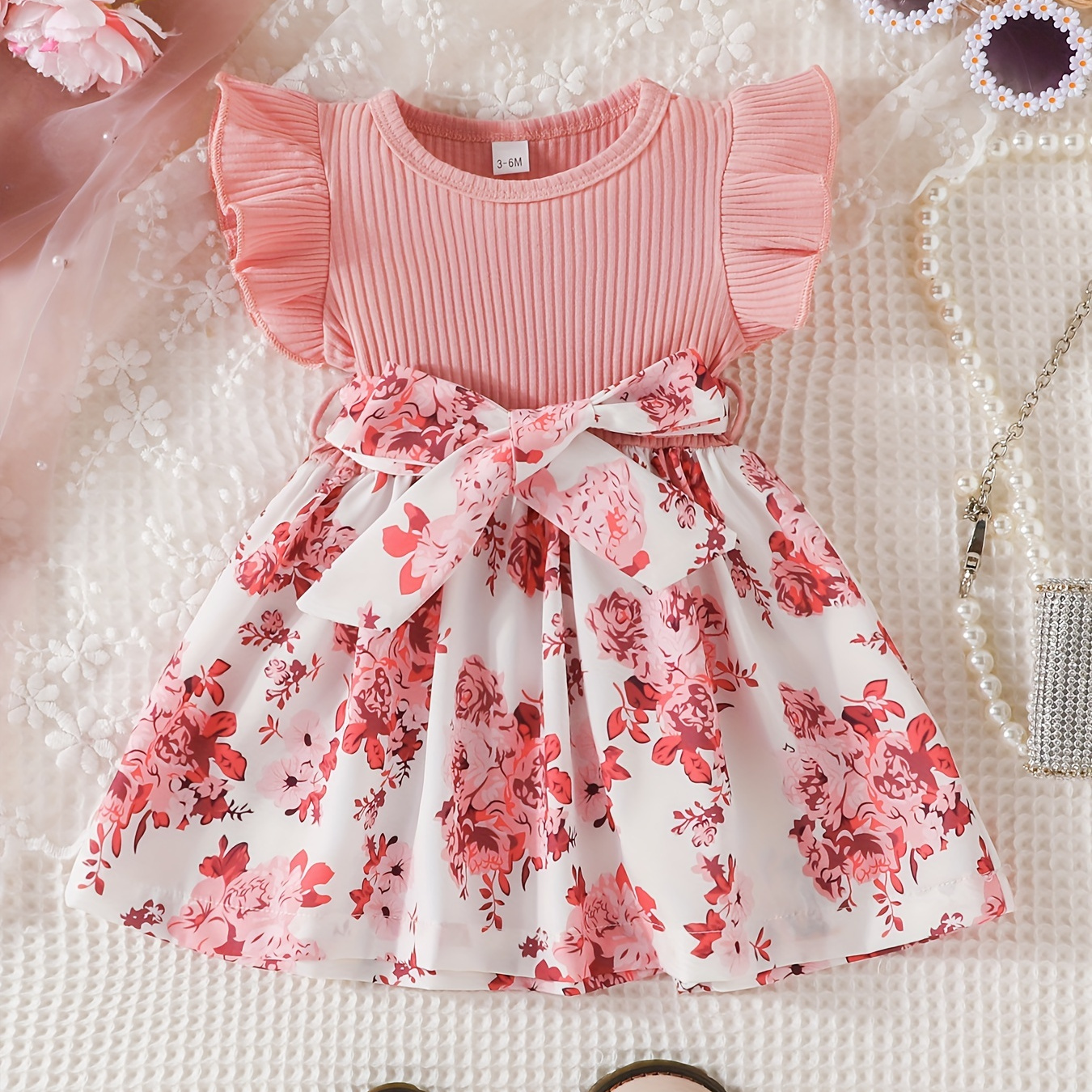 

Baby Girls Floral Print Bow Casual Dress For Summer